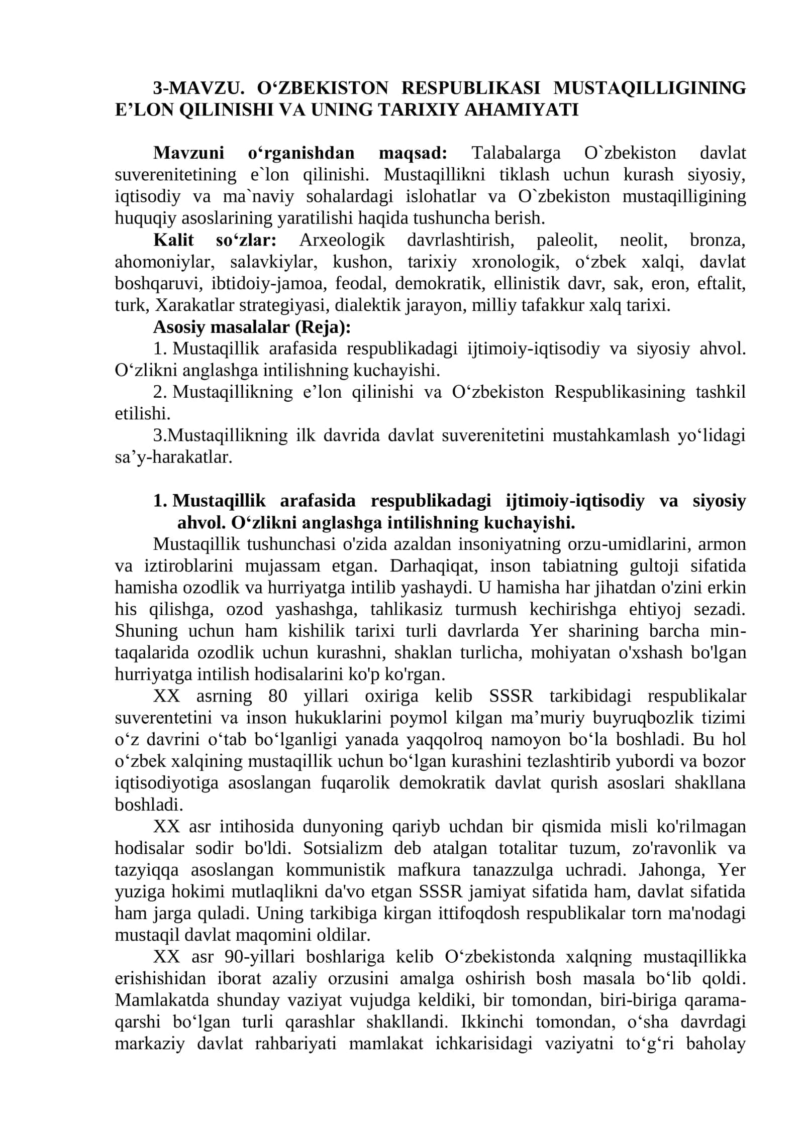 O‘ZBEKISTON RESPUBLIKASI MUSTAQILLIGINING E’LON QILINISHI VA UNING TARIXIY AHAMIYATI 1