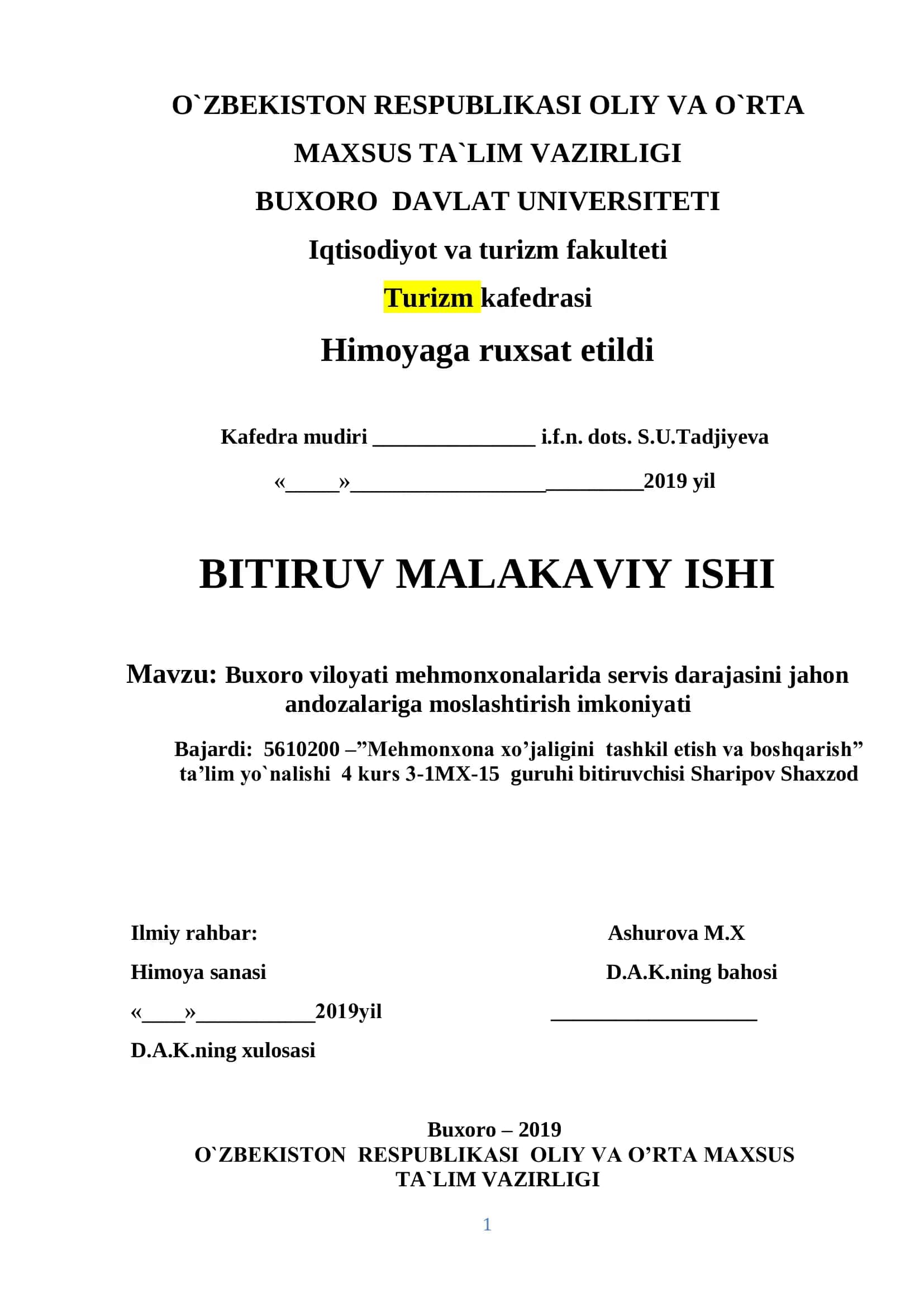 Buxoro viloyati mehmonxonalarida servis darajasini jahon andozalariga moslashtirish imkoniyati 1