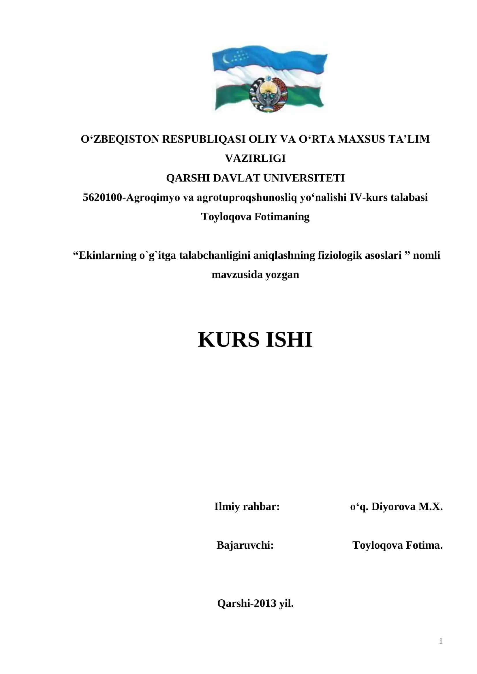 Ekinlarning o`g`itga talabchanligini aniqlashning fiziologik asoslari 1