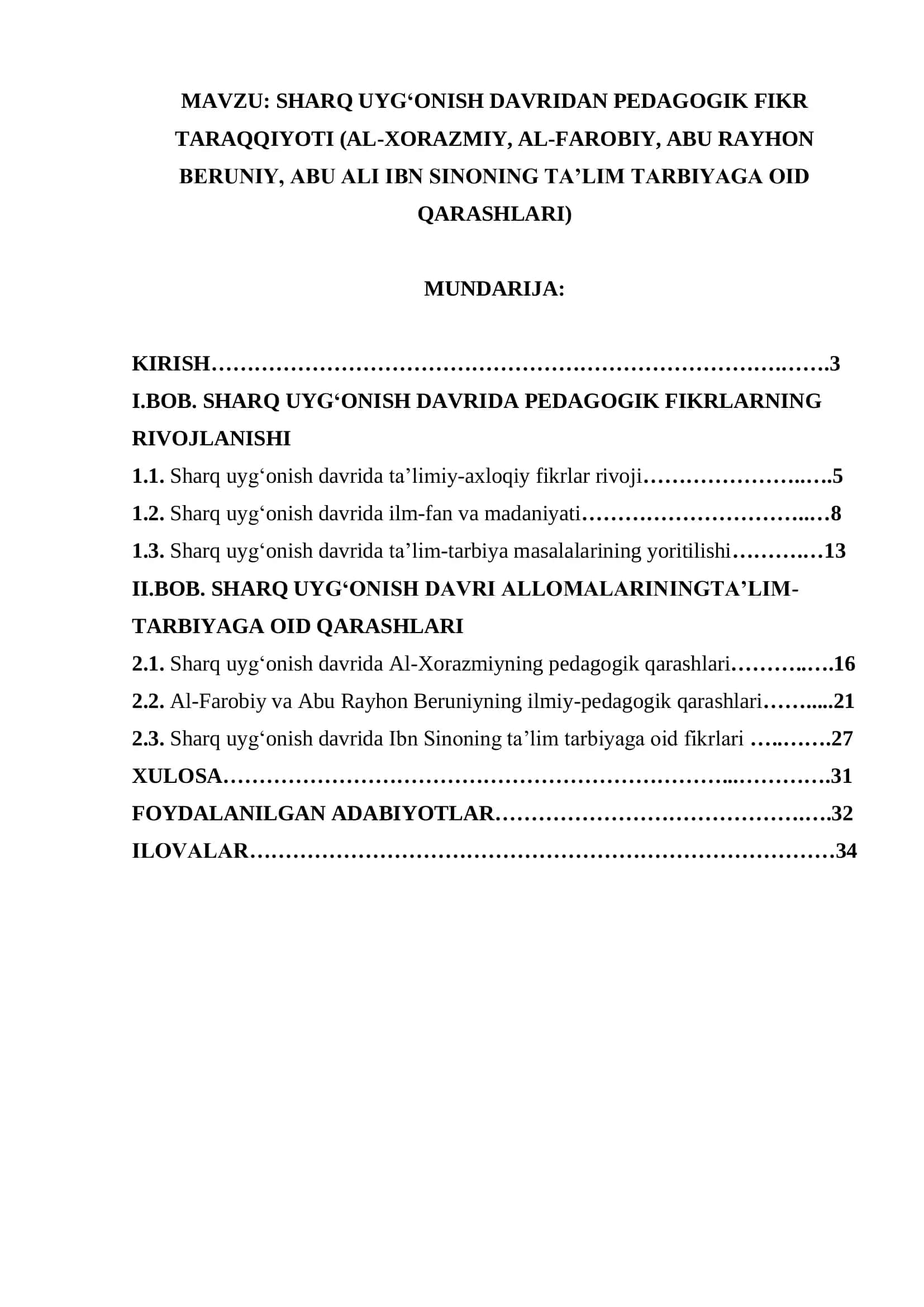 SHARQ UYG‘ONISH DAVRIDAN PEDAGOGIK FIKR TARAQQIYOTI (AL-XORAZMIY, AL-FAROBIY, ABU RAYHON BERUNIY, ABU ALI IBN SINONING TA’LIM TARBIYAGA OID QARASHLARI) 1