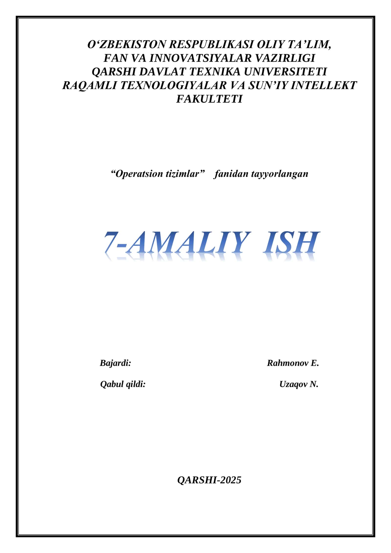 7-Amaliy ish: WINDOWS OS DA FOYDALANUVCHI HUQUQLARINI BOSHQARISH 1