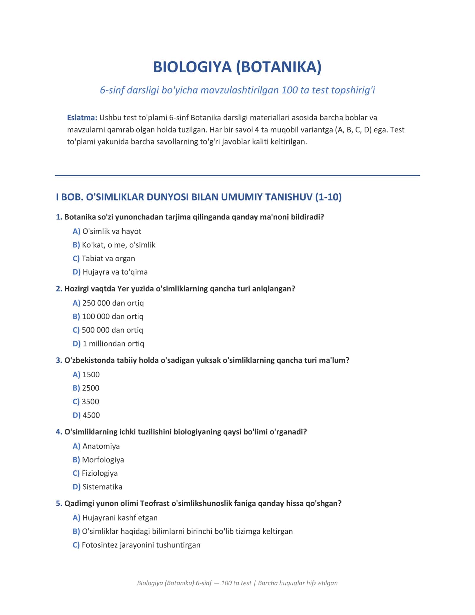 Biologiya (Botanika) 6-sinf — 100 ta test | Barcha huquqlar hifz etilgan 1