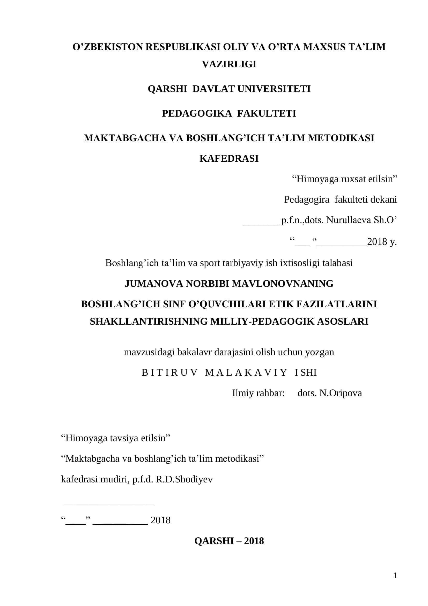 MAKTABGACHA VA BOSHLANG‟ICH TA‟LIM METODIKASI 1