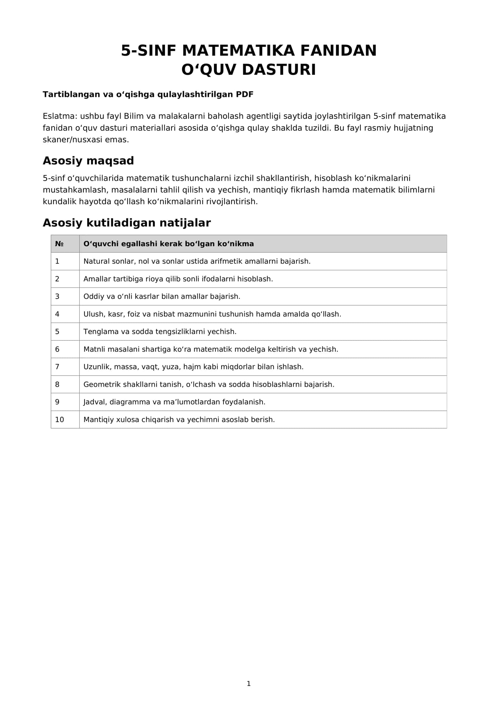 5-SINF MATEMATIKA FANIDAN O‘QUV DASTURI 1
