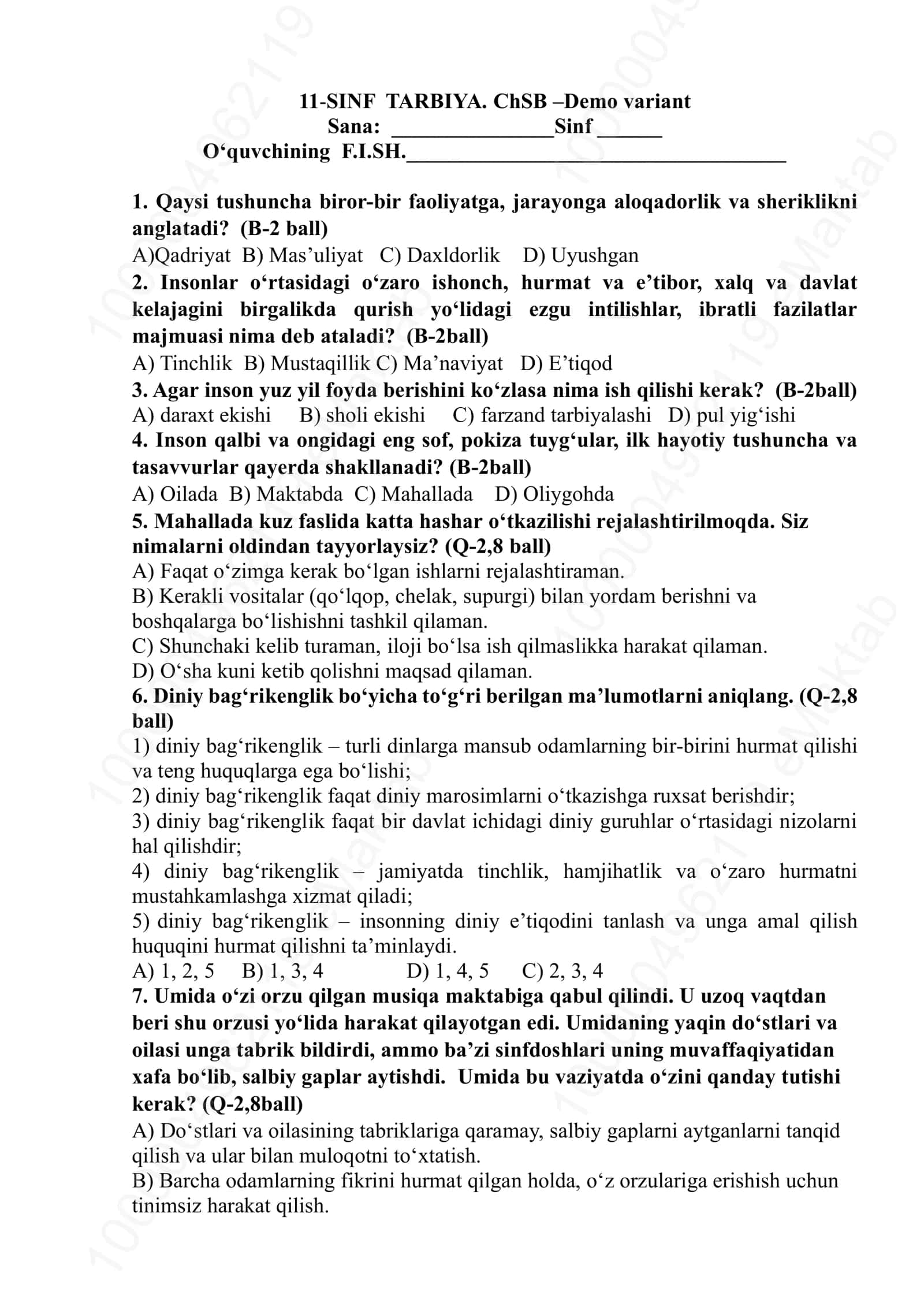 11-SINF TARBIYA. ChSB –Demo variant 1