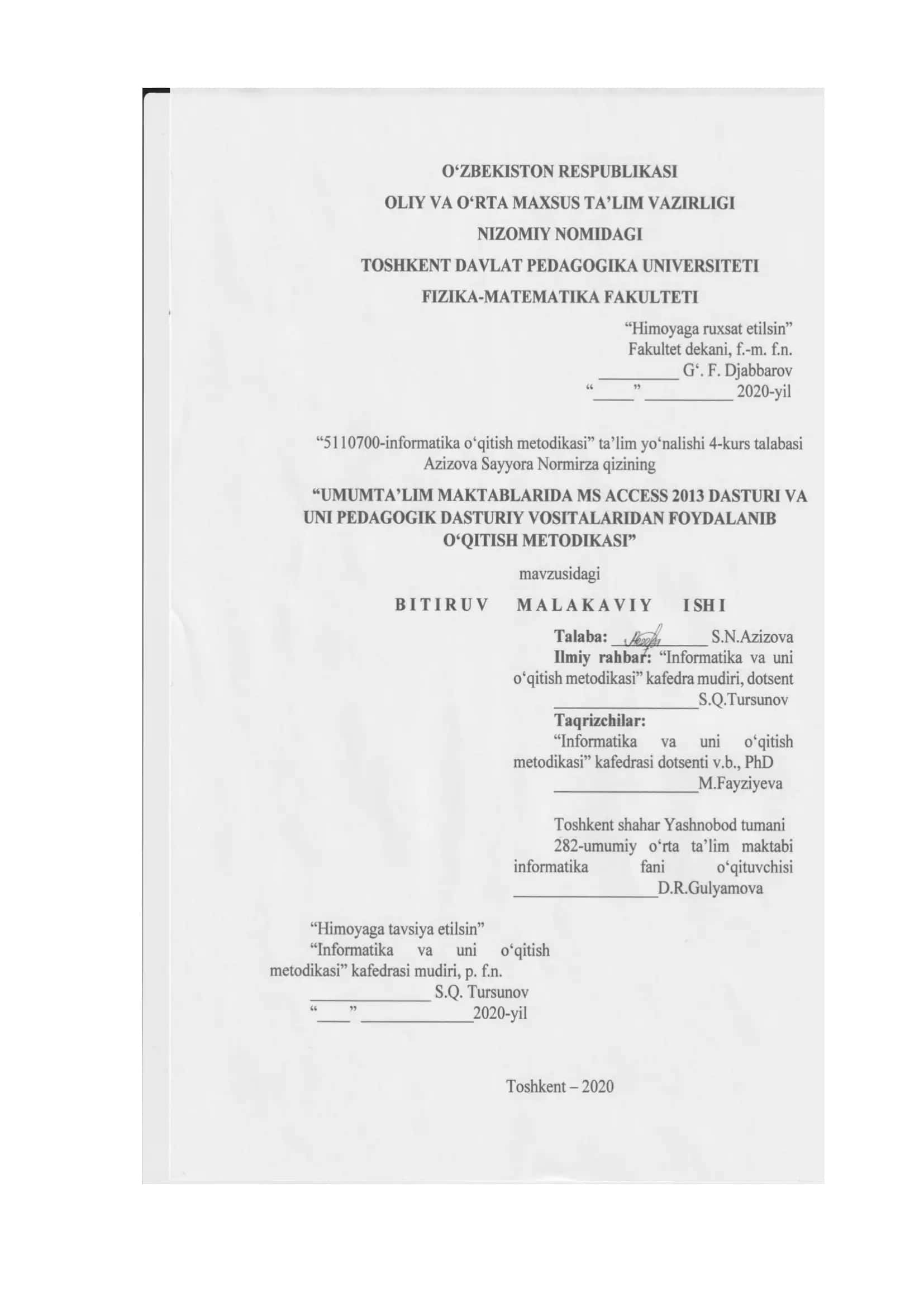 MS ACCESS 2013 DASTURI VA UNI PEDAGOGIK DASTURIY VOSITALARIDAN FOYDALANIB O‘QITISH METODIKASI 1