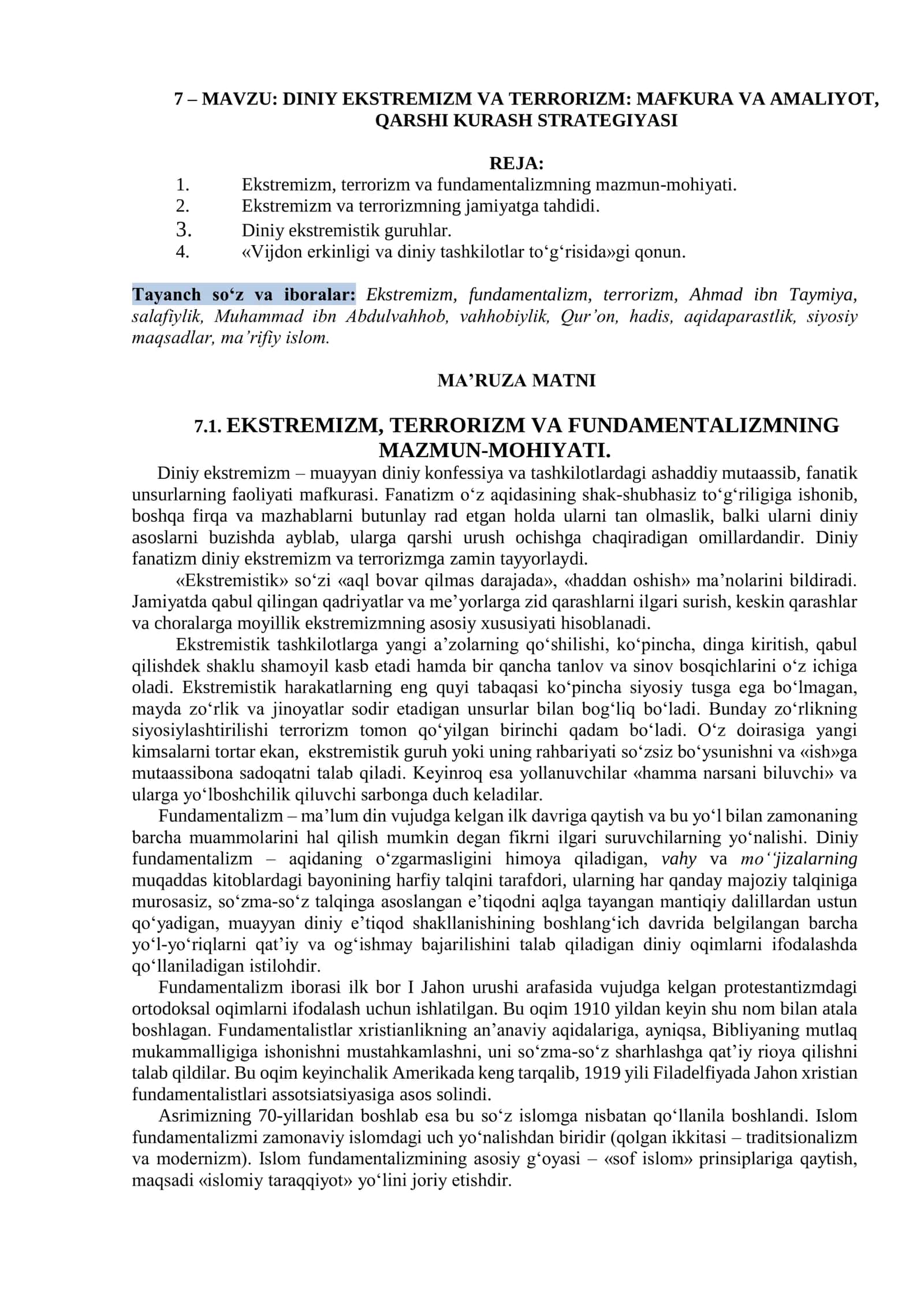 DINIY EKSTREMIZM VA TERRORIZM: MAFKURA VA AMALIYOT, QARSHI KURASH STRATEGIYASI 1