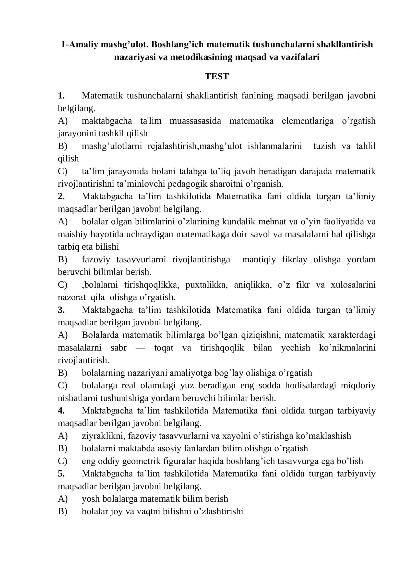 Amaliy mashg’ulot - Boshlang’ich matematik tushunchalarni shakllantirish nazariyasi va metodikasi 1