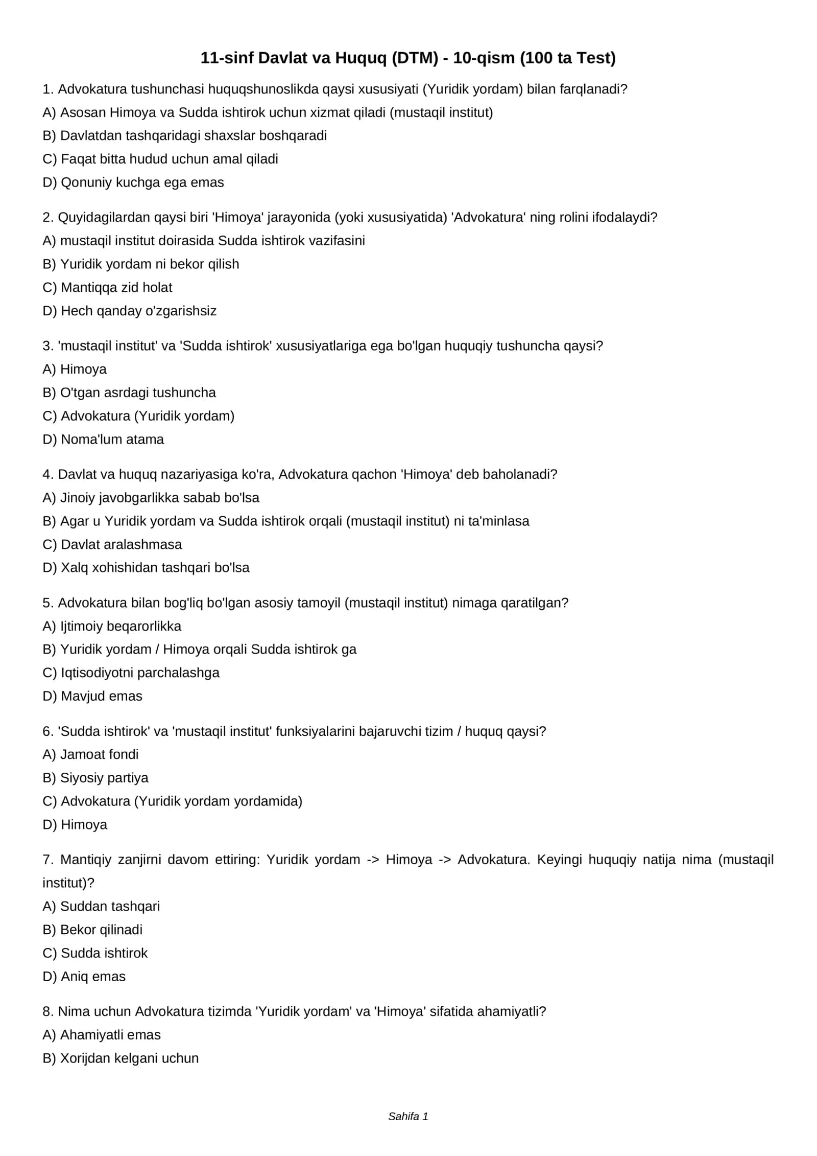 11-sinf Davlat va Huquq (DTM) - 10-qism (100 ta Test) 1