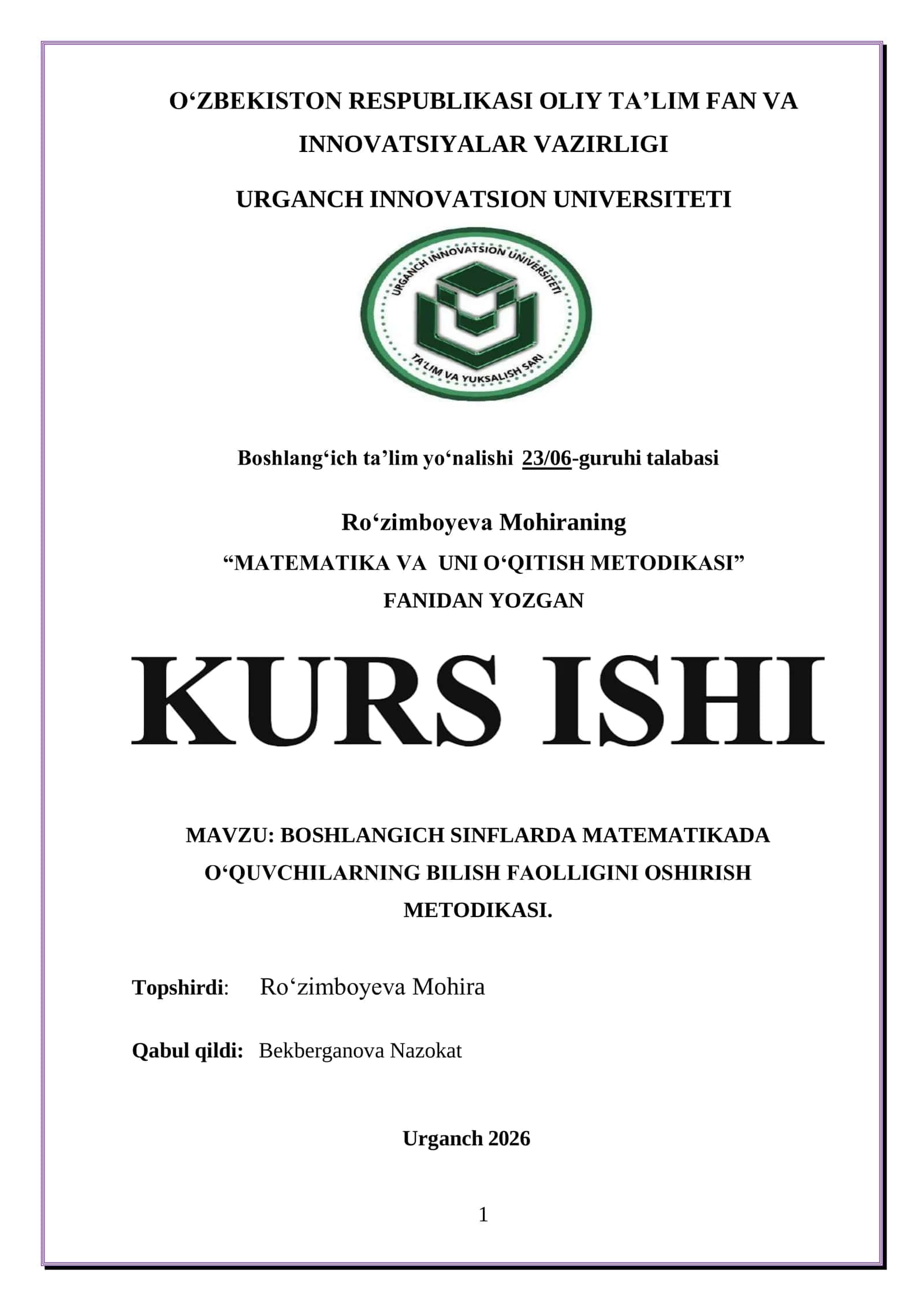 BOSHLANGICH SINFLARDA MATEMATIKADA O‘QUVCHILARNING BILISH FAOLLIGINI OSHIRISH METODIKASI 1