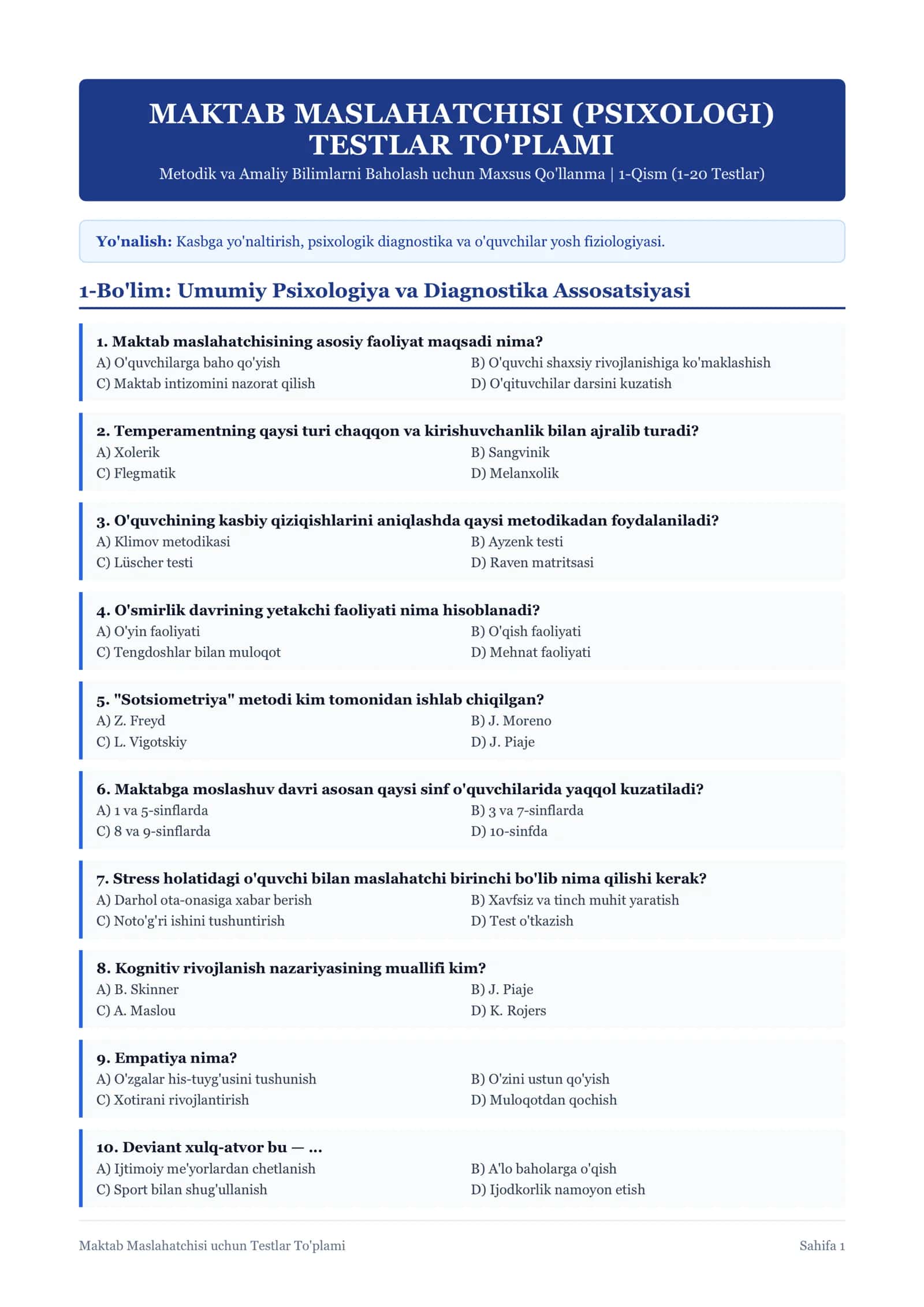 Maktab Maslahatchisi va Psixologi uchun Testlar To'plami (javiblari bilan) 1