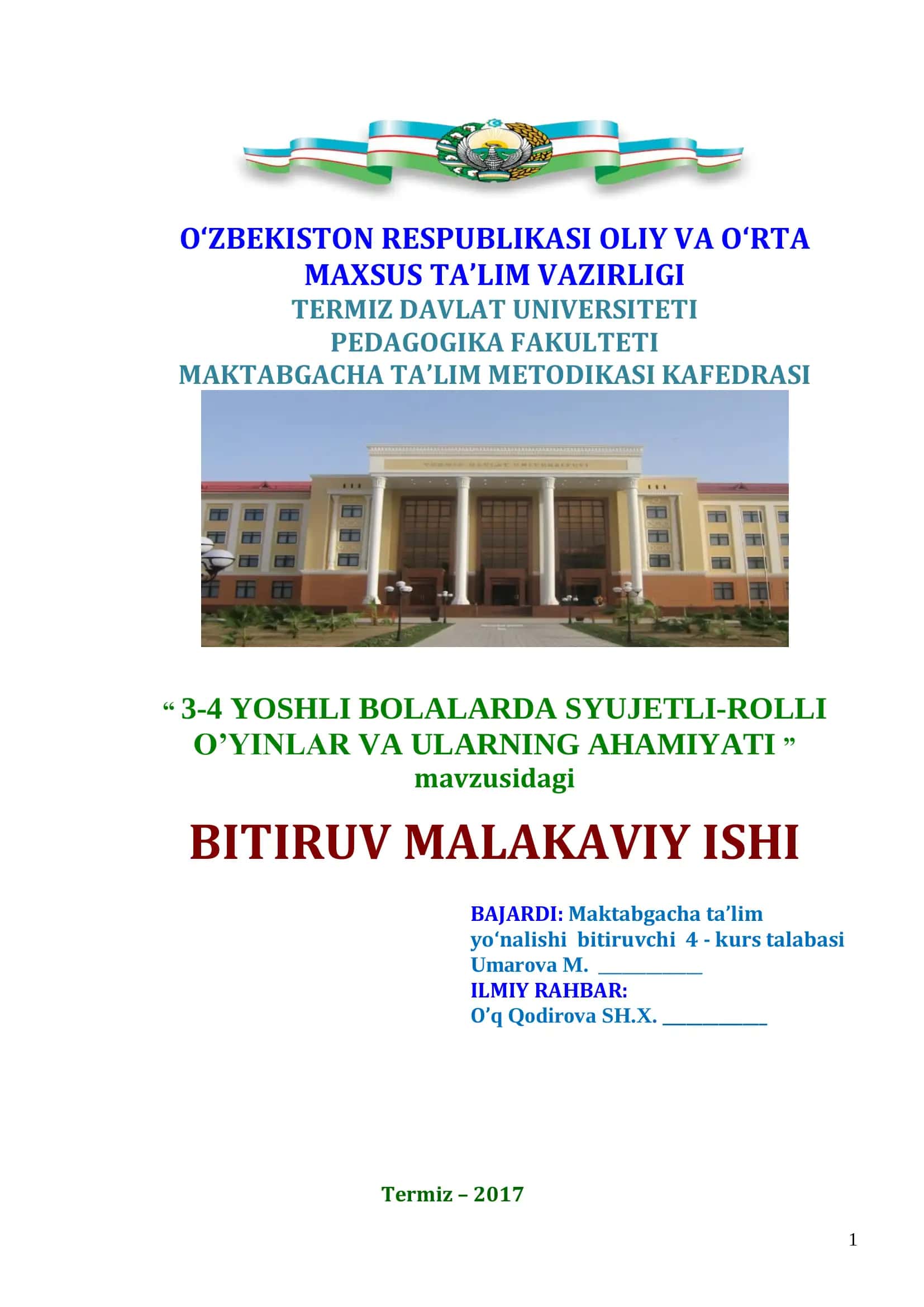 3-4 YOSHLI BOLALARDA SYUJETLI-ROLLI O’YINLAR VA ULARNING AHAMIYATI 1
