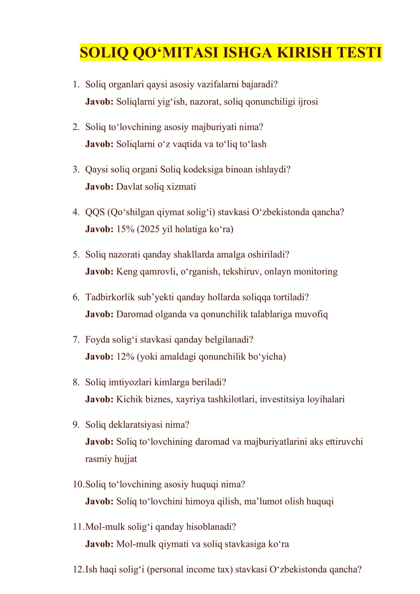 Soliq Qo‘mitasi Ishga Kirish Testi 1