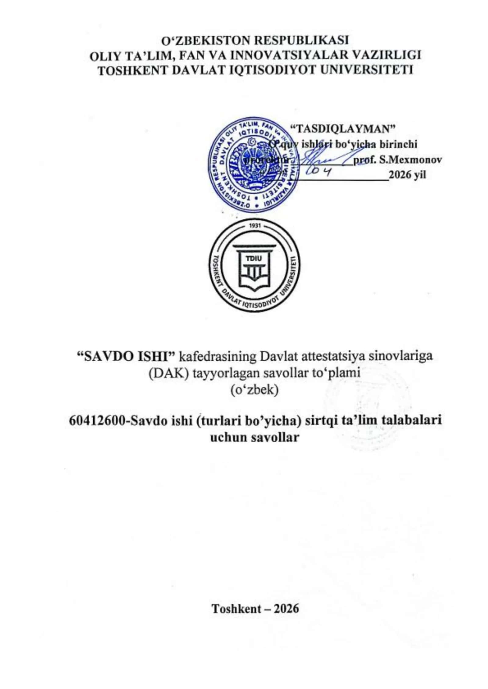 Savdo korxonalarini boshqarish fanidan savollar 1