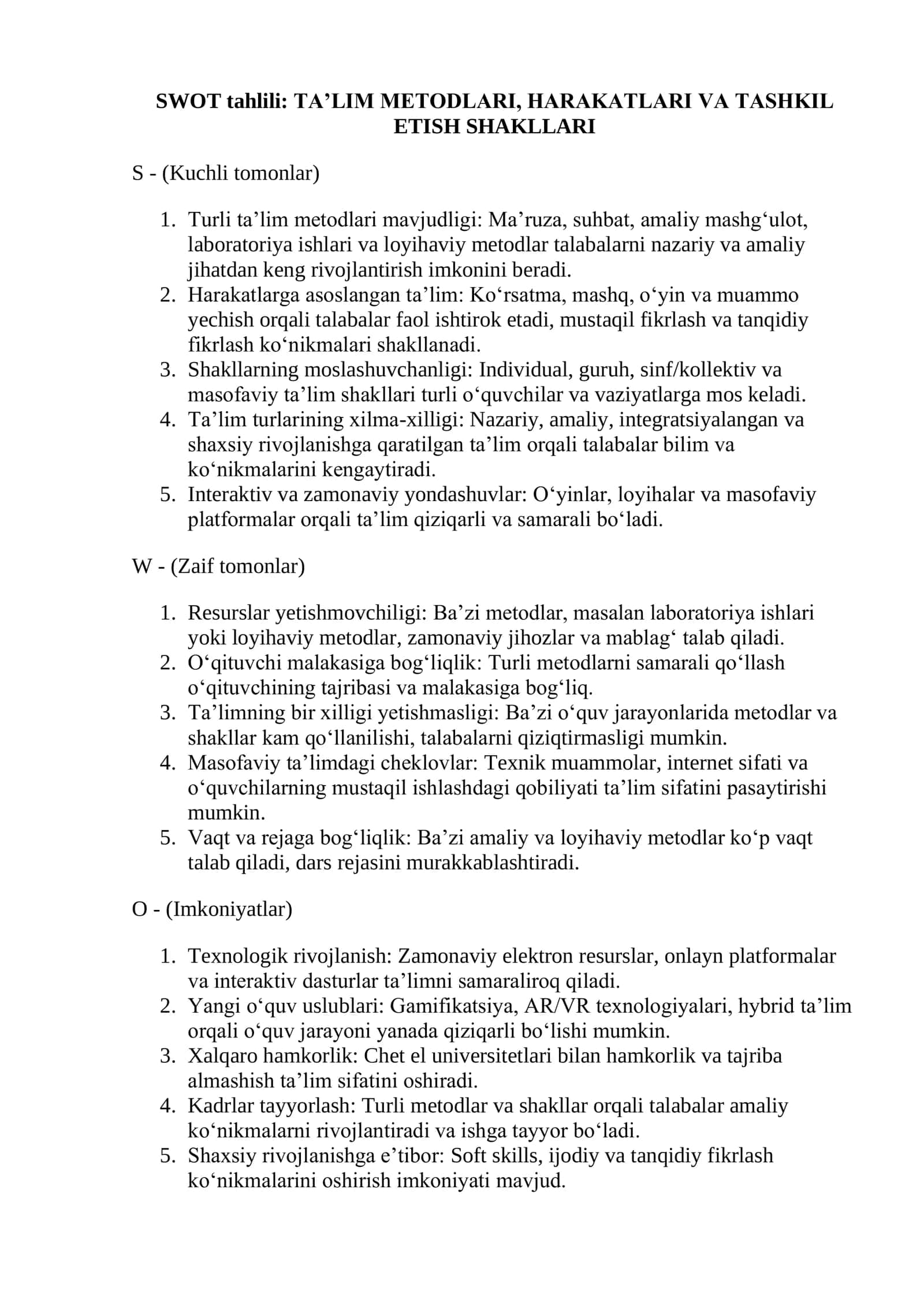 SWOT tahlili: TA’LIM METODLARI, HARAKATLARI VA TASHKIL ETISH SHAKLLARI 1
