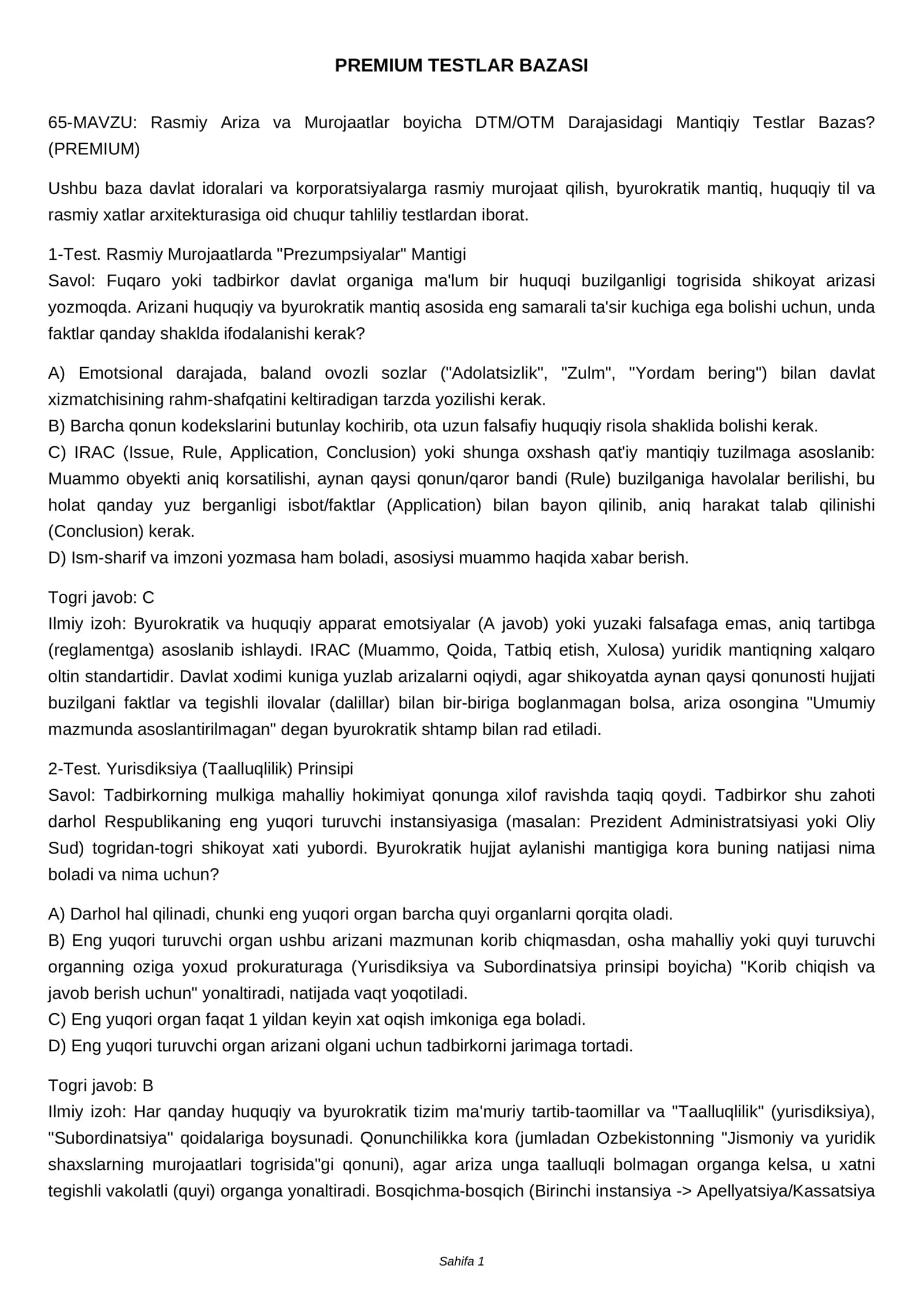 Rasmiy Ariza va Murojaatlar boyicha DTM/OTM Darajasidagi Mantiqiy Testlar Bazas? 1