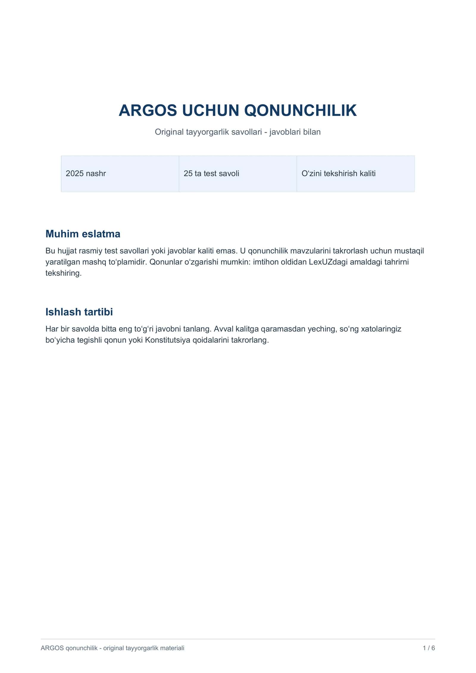 ARGOS Davlat xizmatini rivojlantirish agentligi test savollari va javoblari (Qonunchilik - 2025/2026) 1