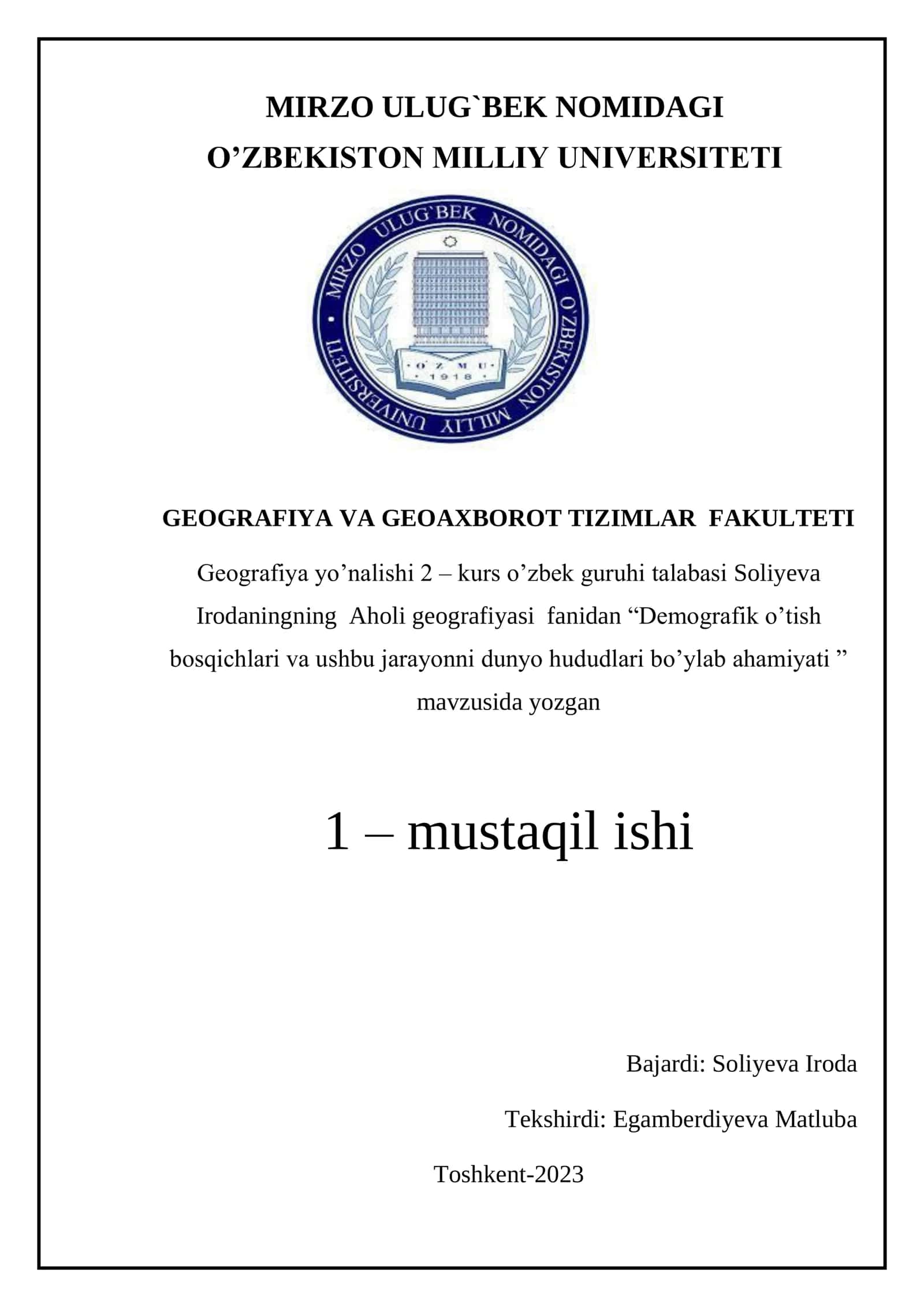 Demografik o‘tish bosqichlari va ushbu jarayonning dunyo hududlari bo‘ylab ahamiyati 1