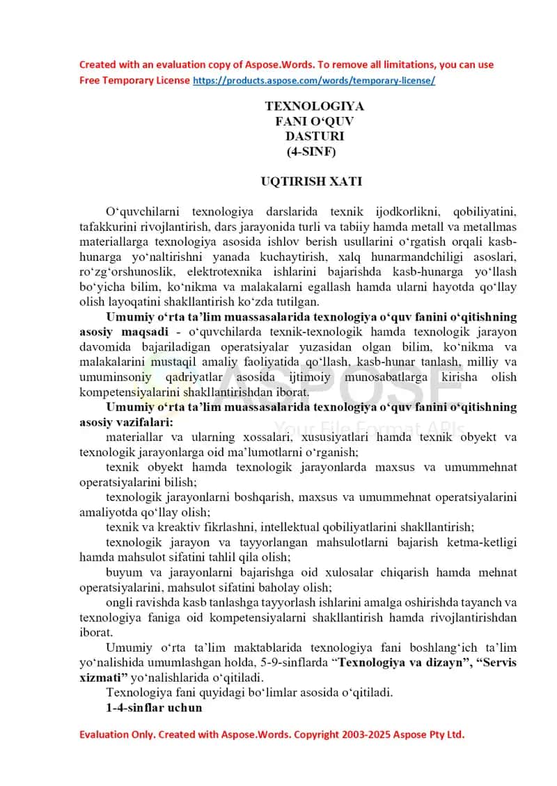 TEXNOLOGIYA fani o‘quv dasturi (4-sinf) 1