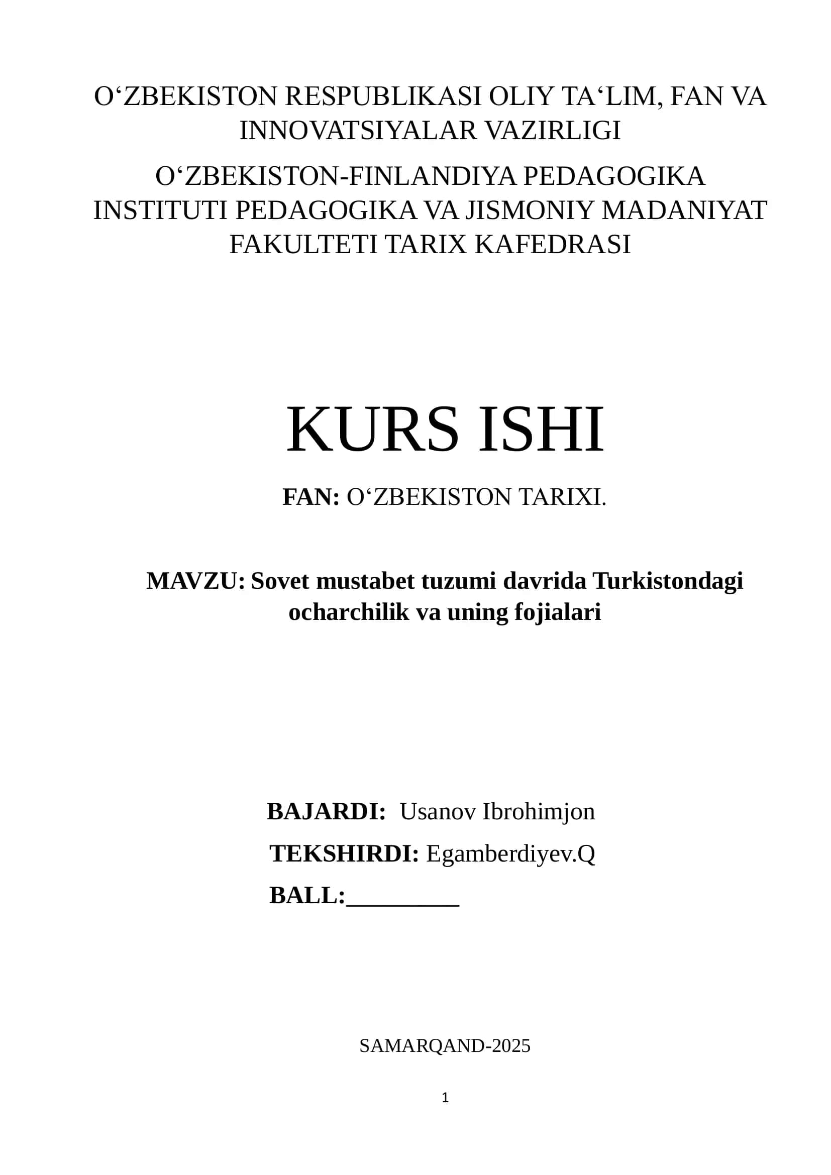 Sovet mustabet tuzumi davrida Turkistondagi ocharchilik va uning fojialari 1