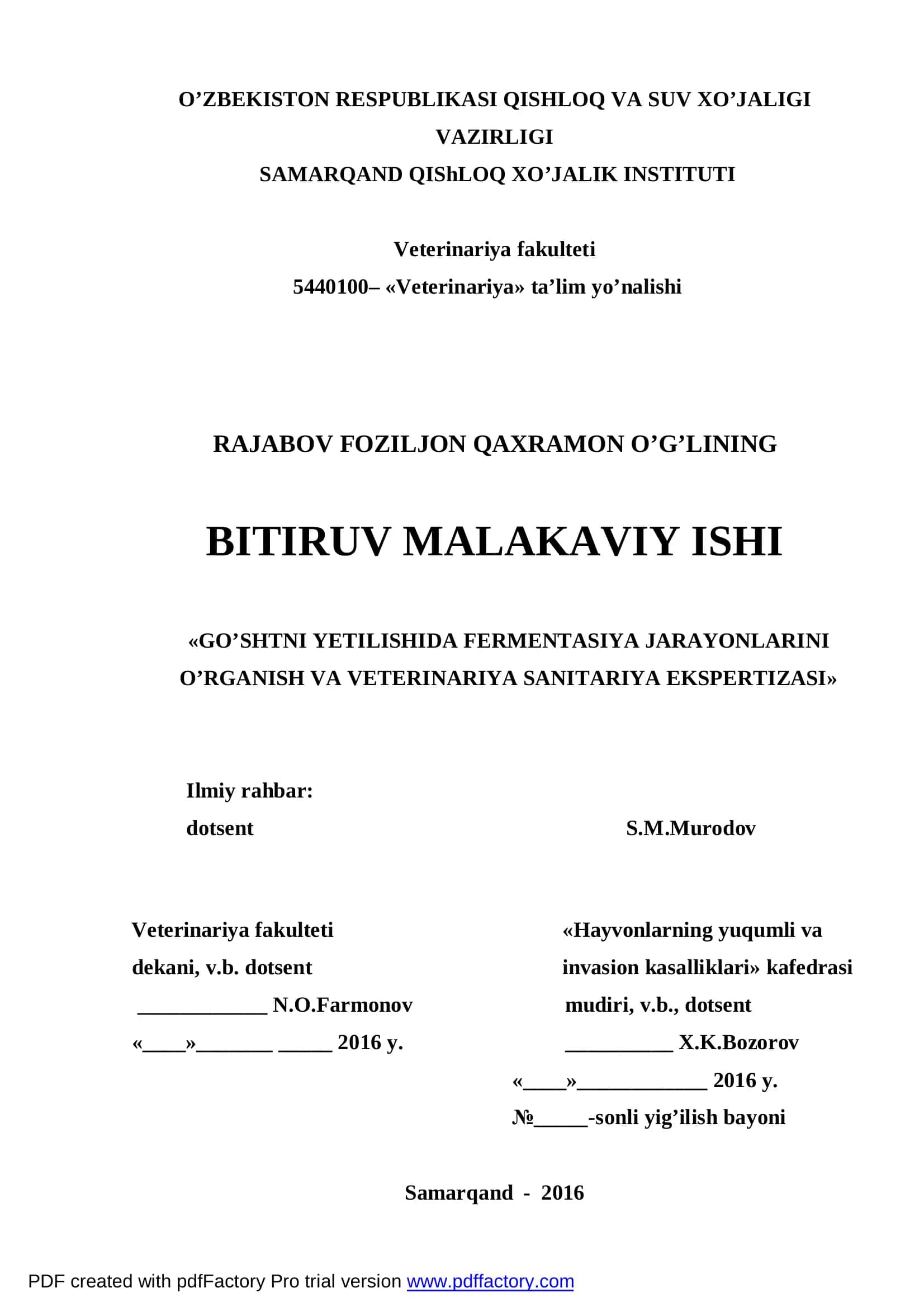 GO’SHTNI YETILISHIDA FERMENTASIYA JARAYONLARINI O’RGANISH VA VETERINARIYA SANITARIYA EKSPERTIZASI 1