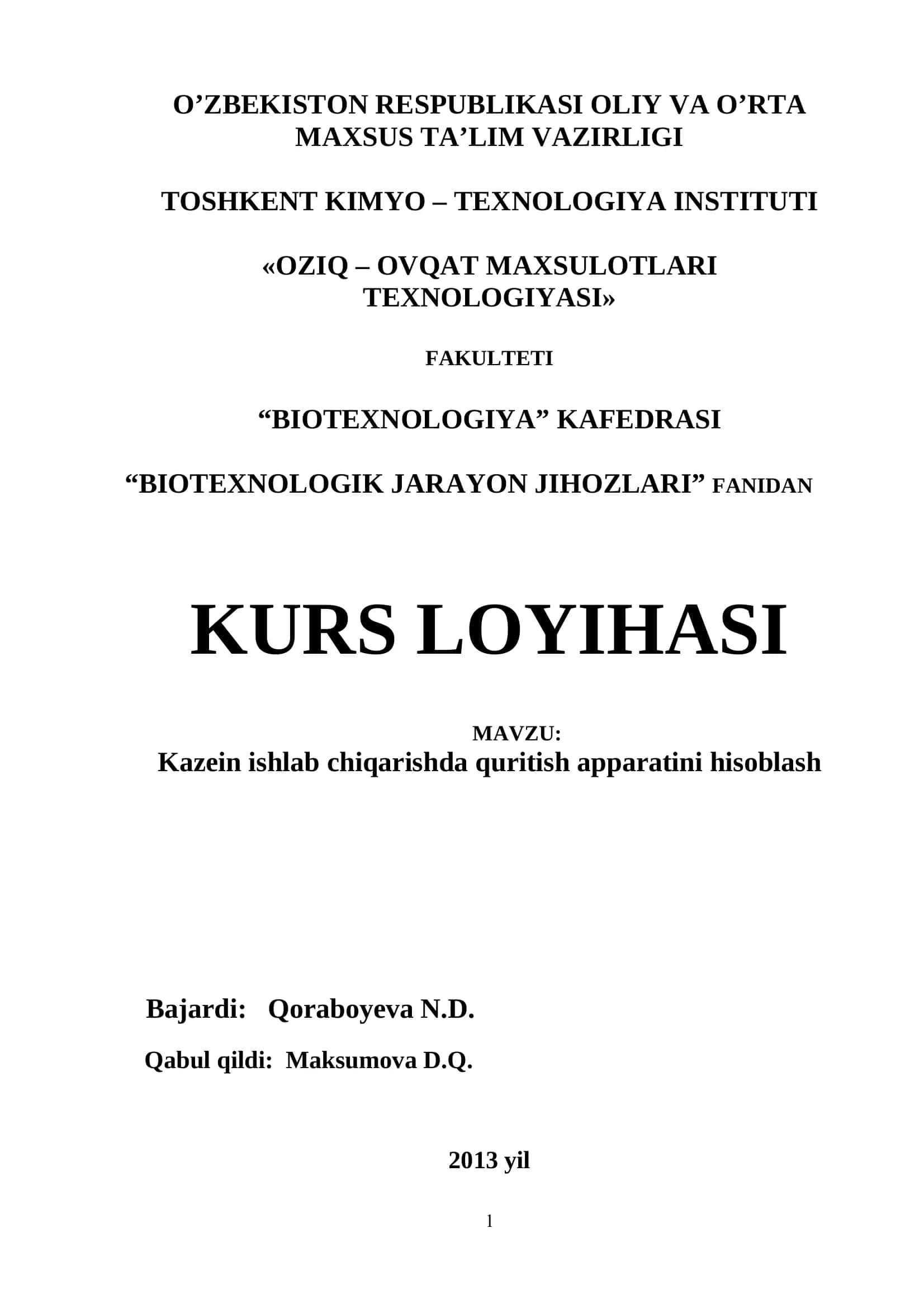 Kazein ishlab chiqarishda quritish apparatini hisoblash 1