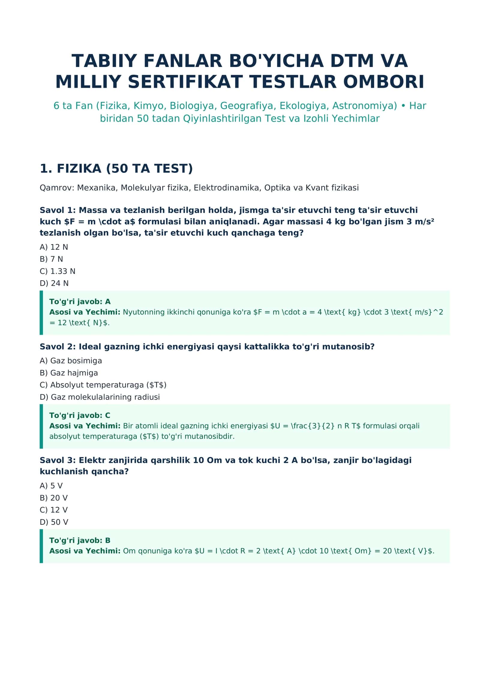 TABIIY FANLAR BO'YICHA DTM VA MILLIY SERTIFIKAT TESTLAR OMBORI 1
