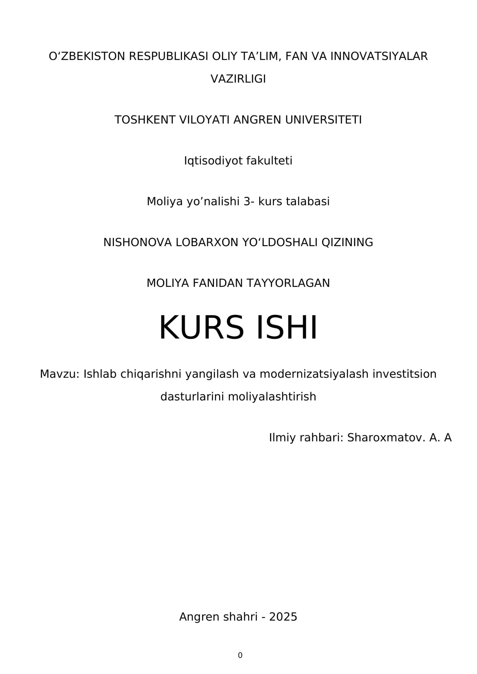 Moliya fanidan tayyorlagan kurs ishi 1