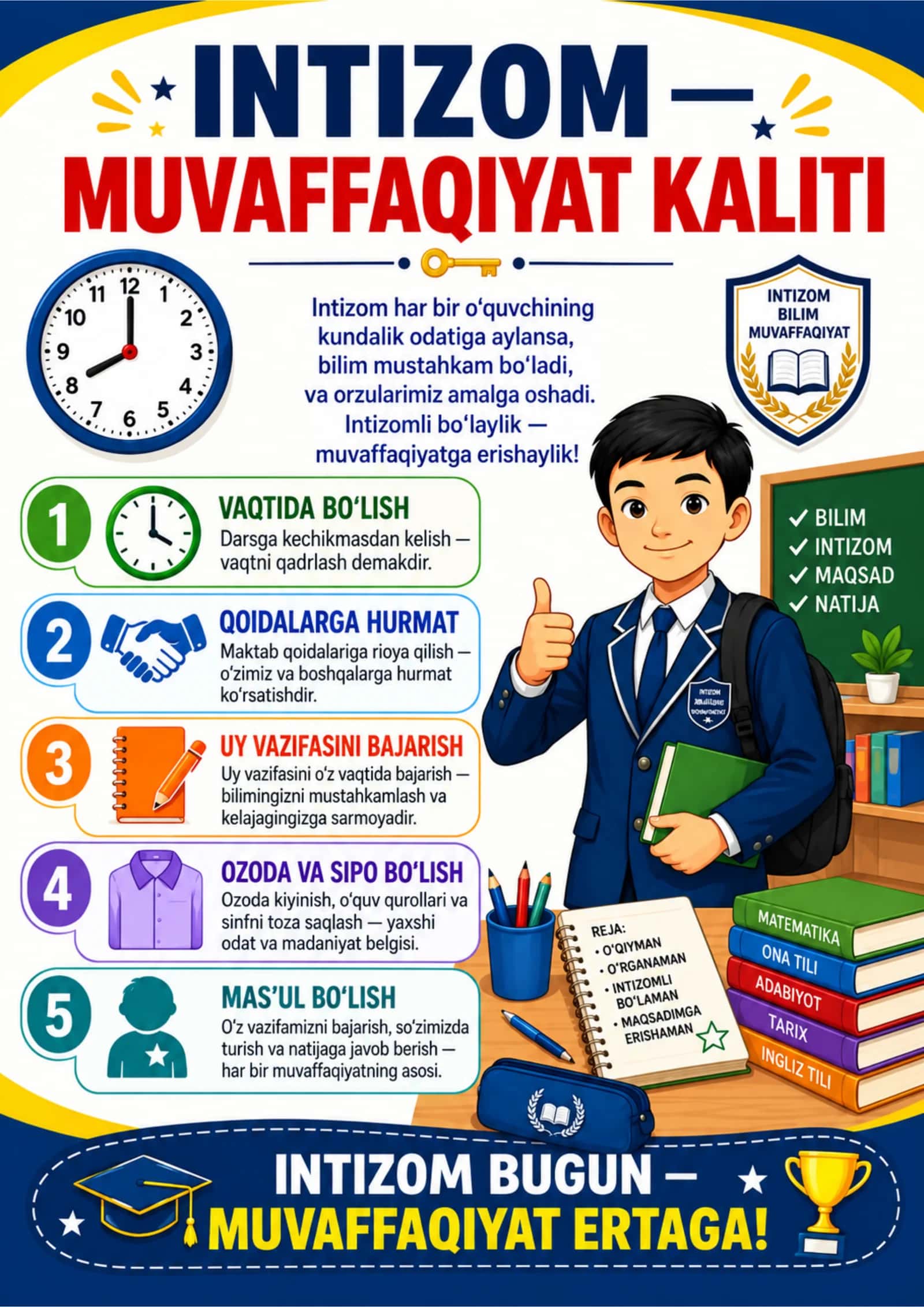 Sinf xonasi uchun 10 ta rangli tarbiyaviy plakat — PDF to‘plam 1