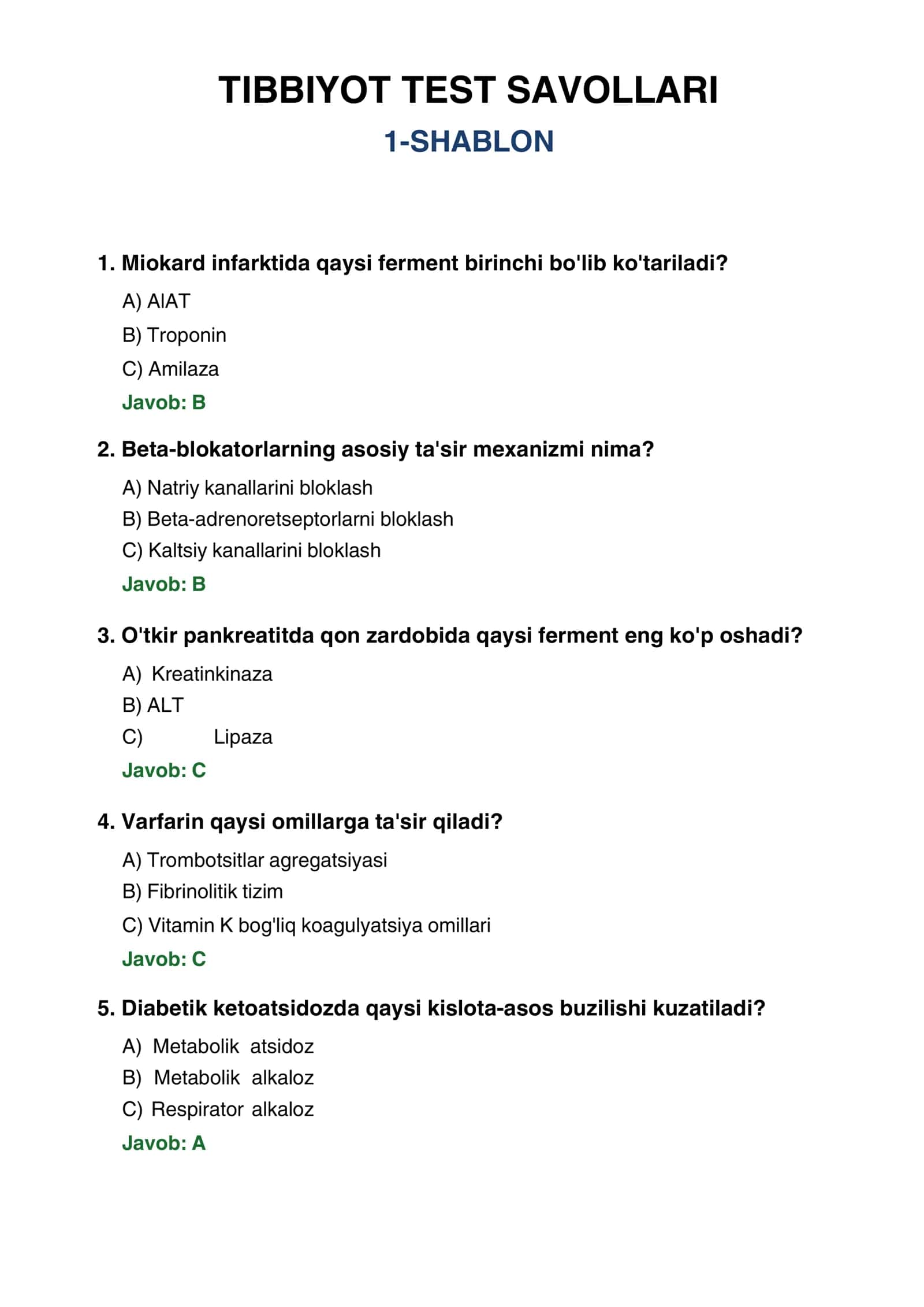 tibbiyot test savollari 1