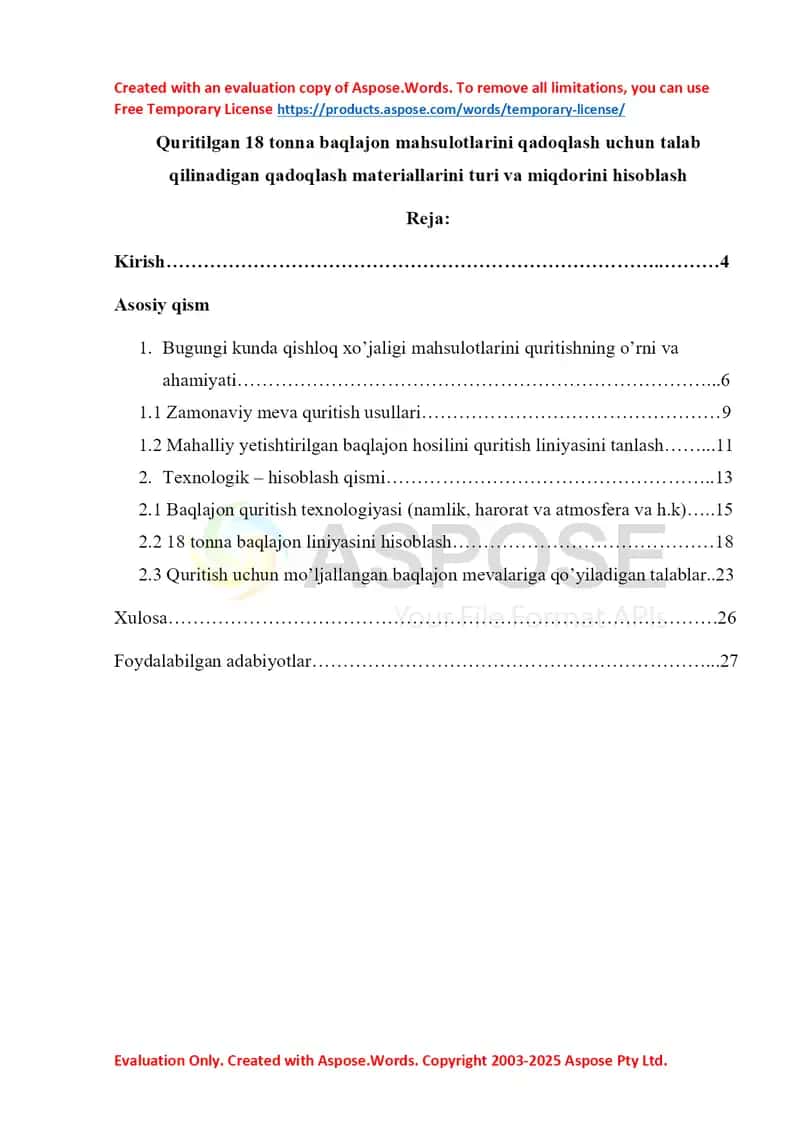 Quritilgan 18 tonna baqlajon mahsulotlarini qadoqlash uchun talab qilinadigan qadoqlash materiallarini turi va miqdorini hisoblash 1