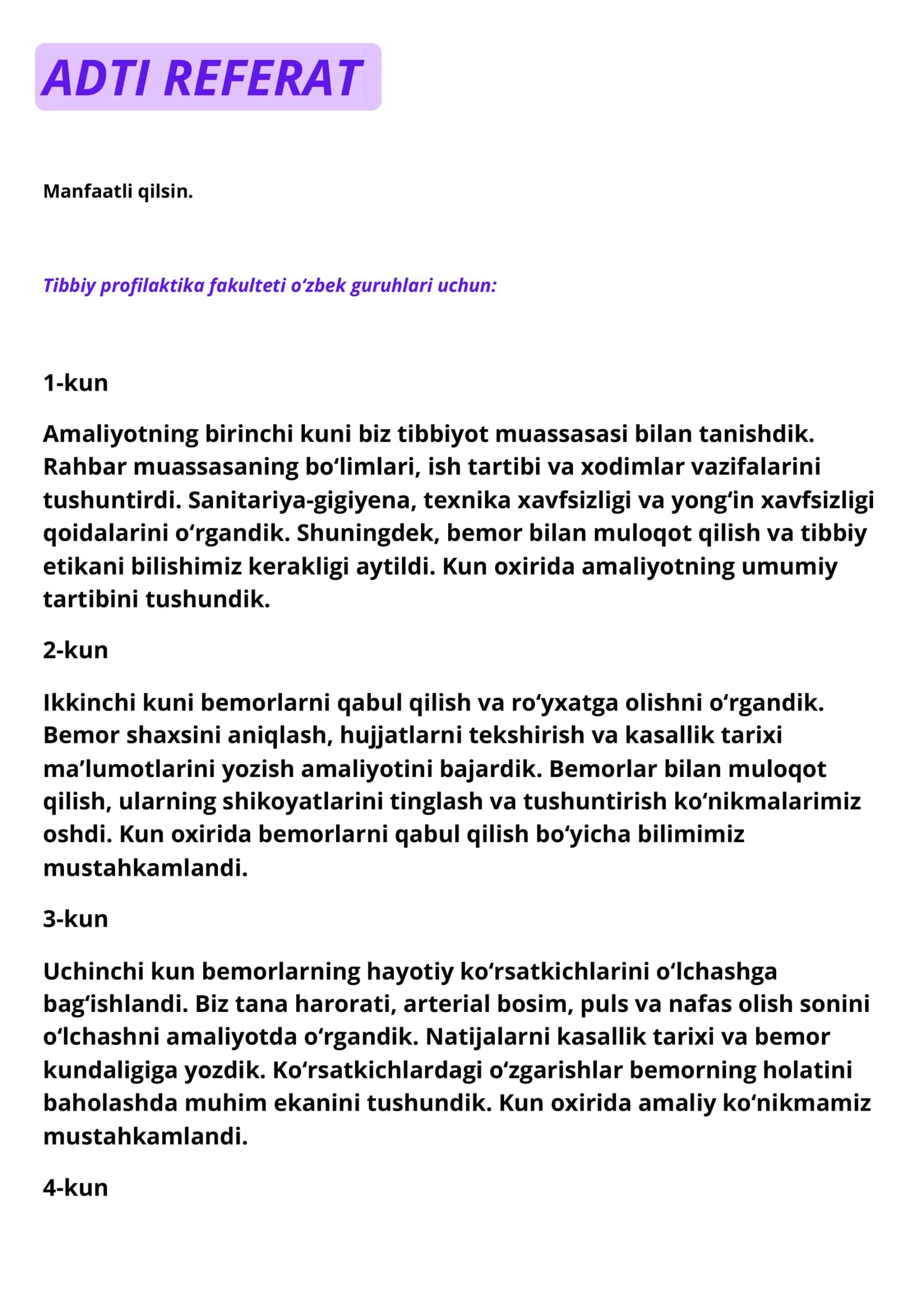 Tibbiy profilaktika fakulteti uchun referat 1