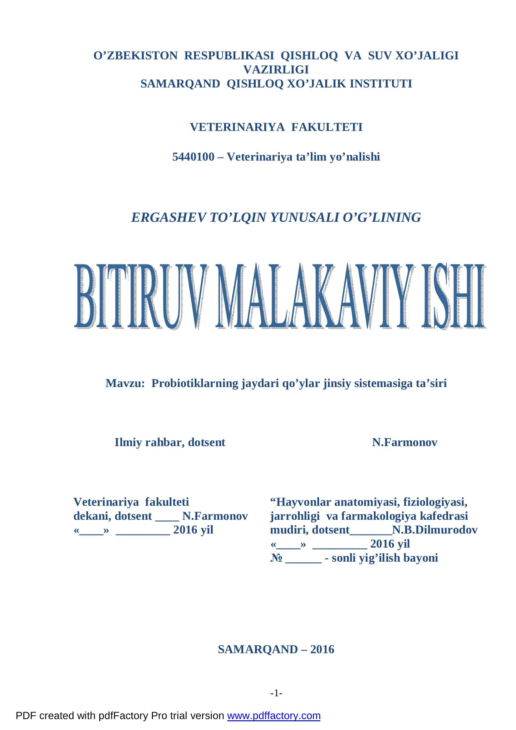 Probiotiklarning jaydari qo’ylar jinsiy sistemasiga ta’siri 1