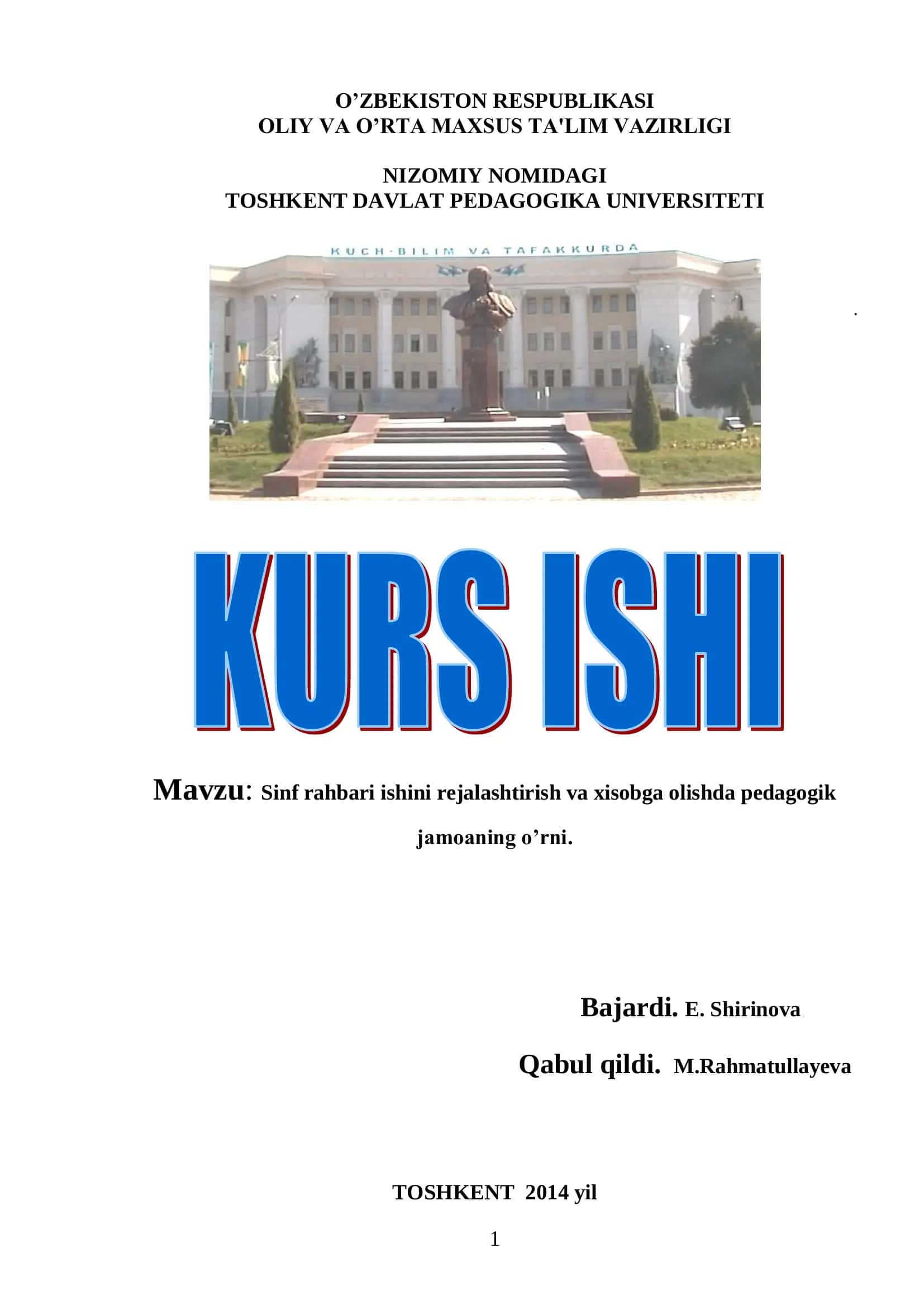 Sinf rahbari ishini rejalashtirish va xisobga olishda pedagogik jamoaning o’rni 1
