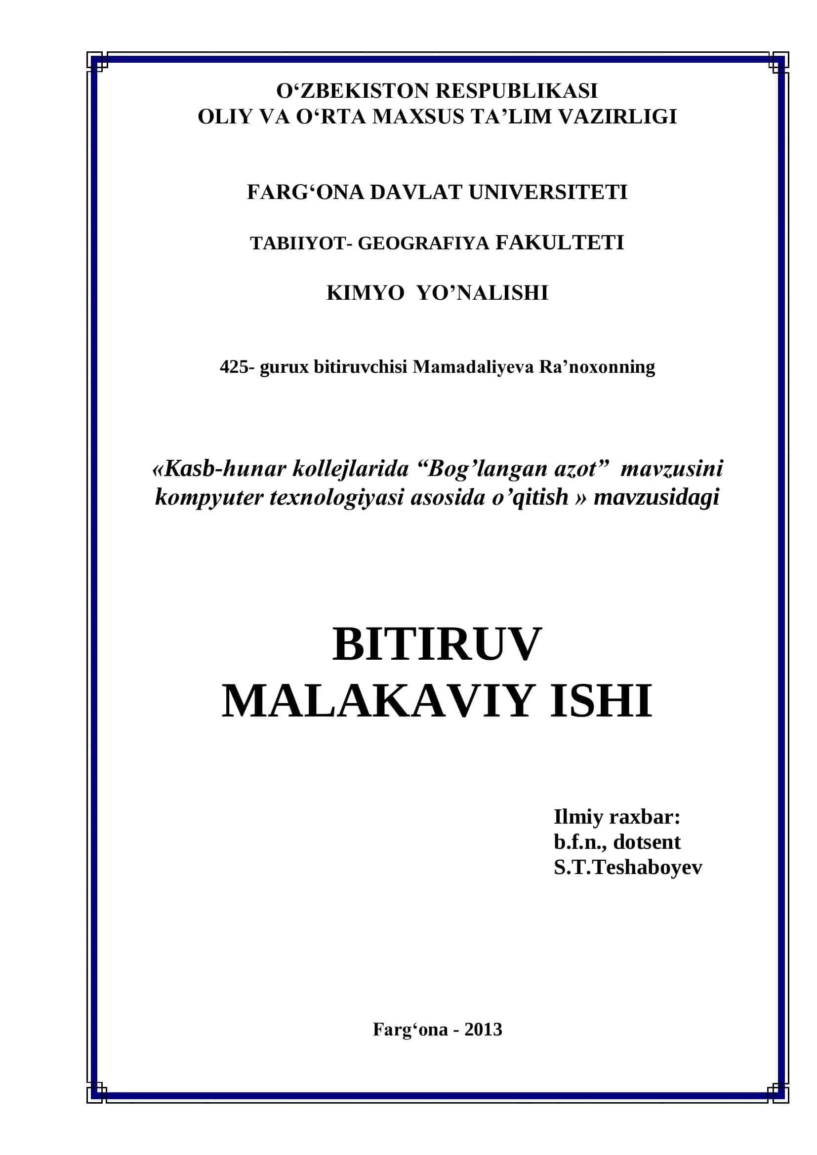 Mamadaliyeva Ra‟noxonning bitiruvi 1