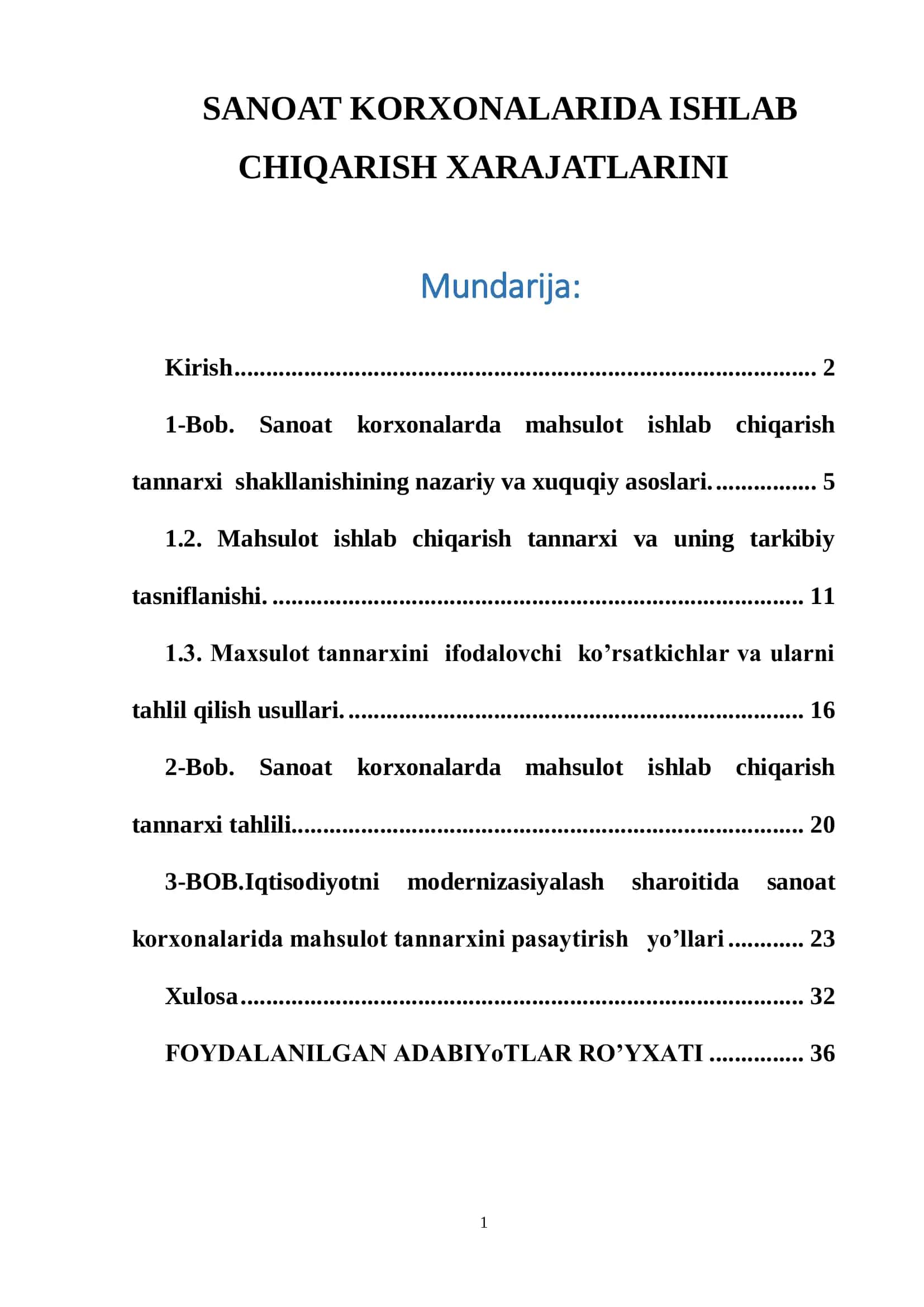 Sanoat korxonalarda mahsulot ishlab chiqarish XARAJATLARINI 1