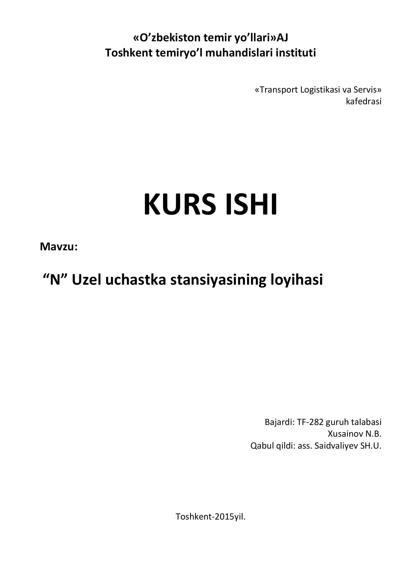 Mavzu: “N” Uzel uchastka stansiyasining loyihasi 1