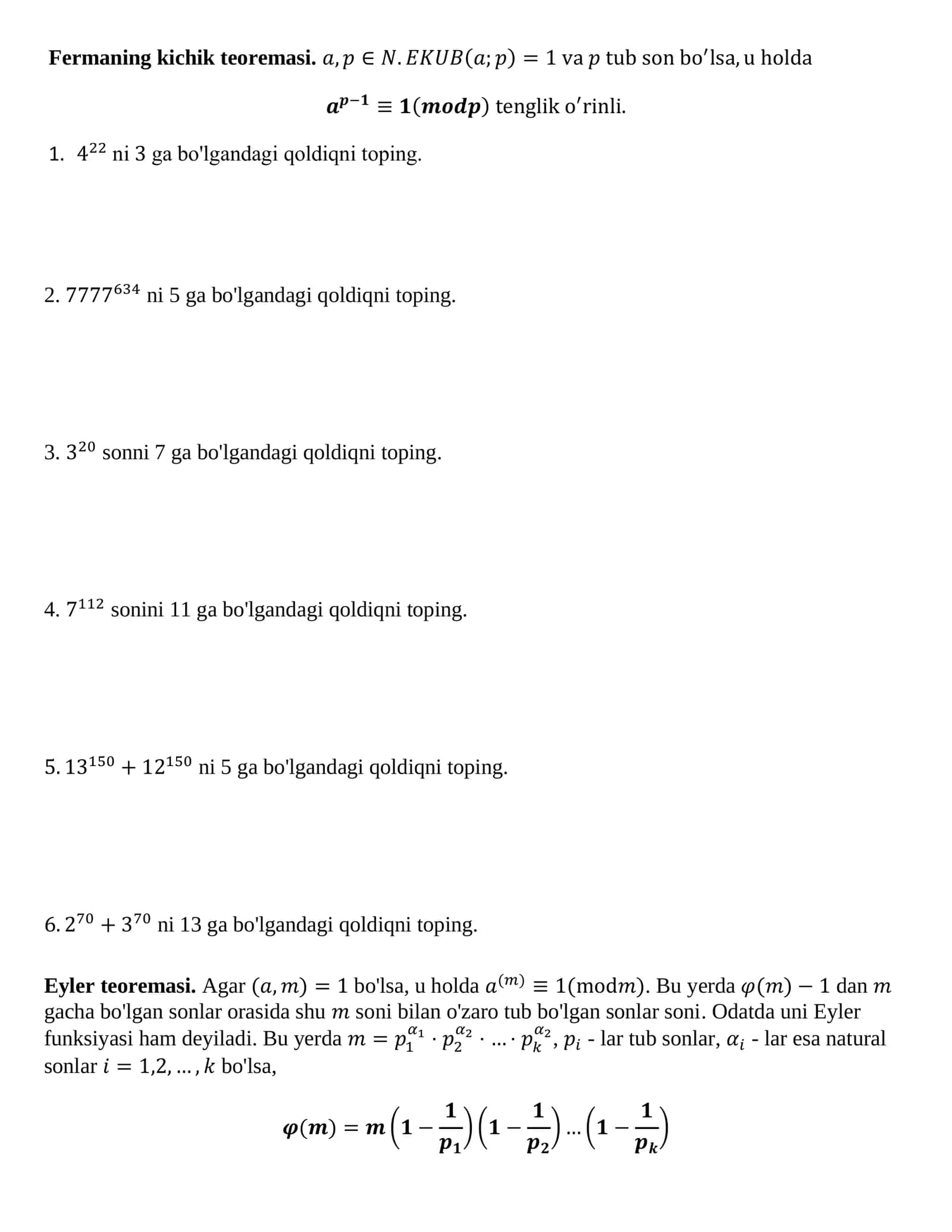 Ferma & Eyler teoremalari 1