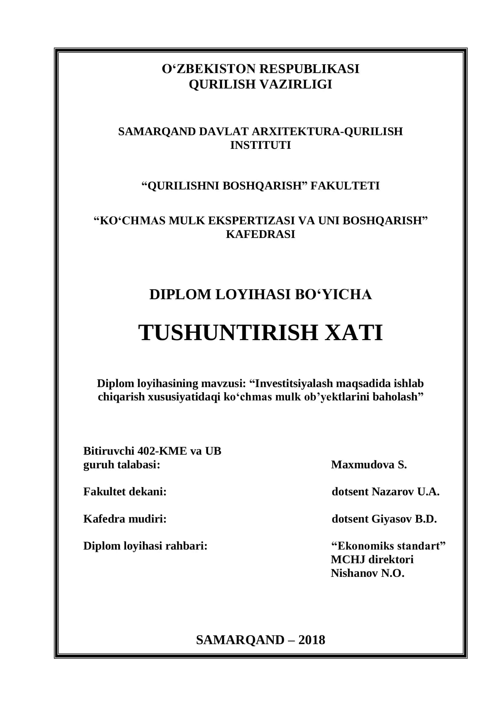 Ko‘chmas Mulk Ekspertizasi va Uni Boshqarish 1