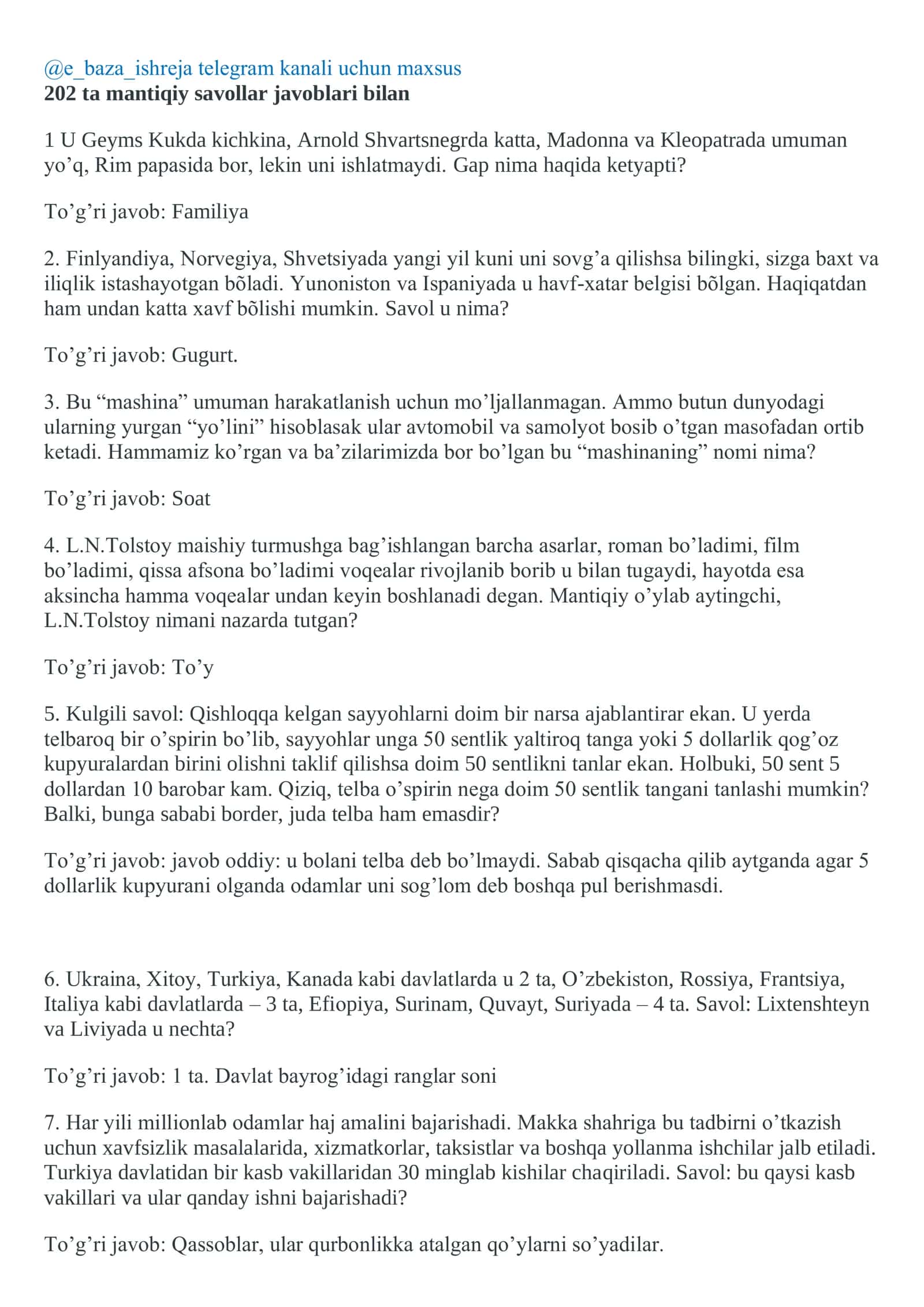 Mantiqiy savollar javoblari 1