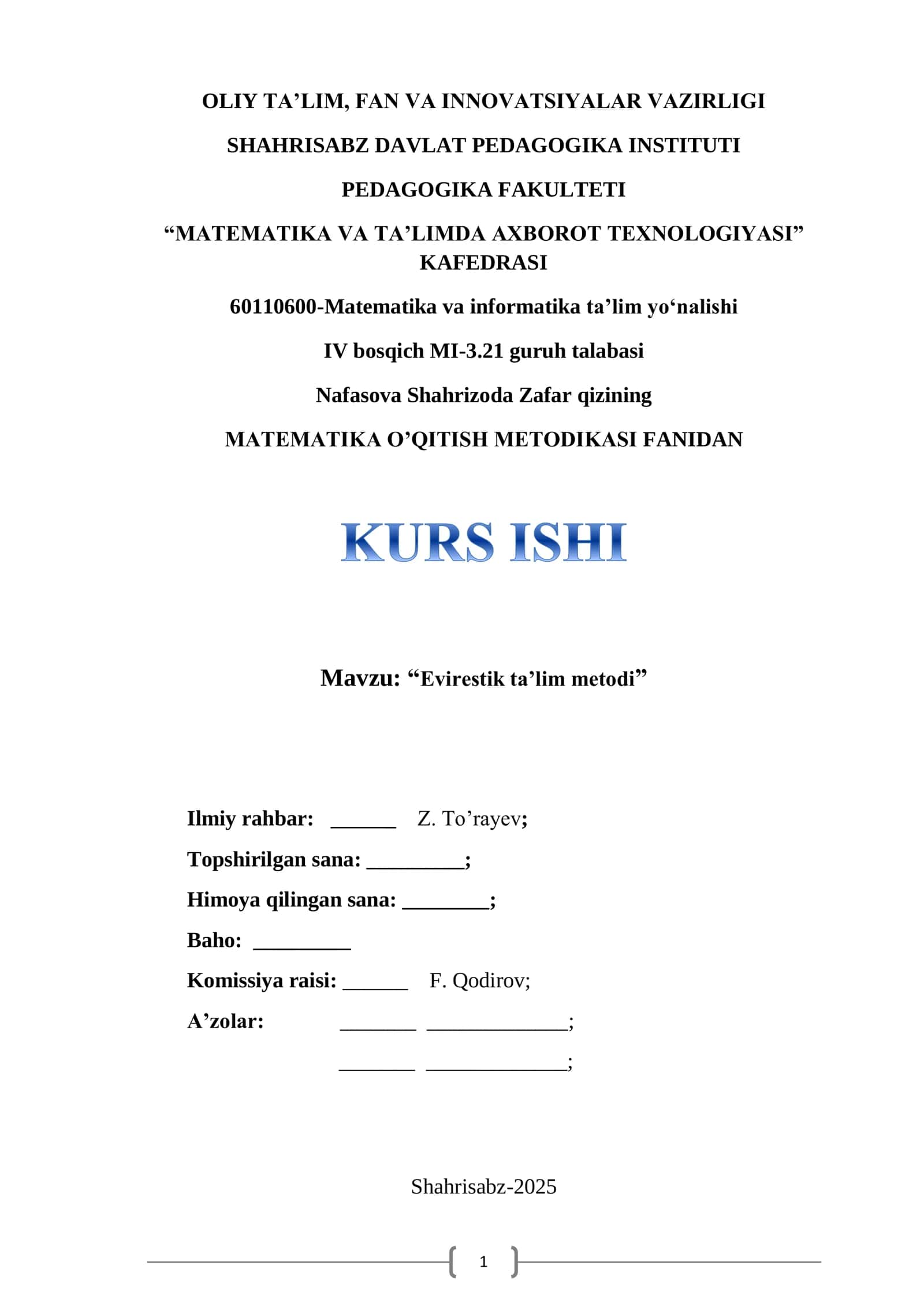 MATEMATIKA O‘QITISH METODIKASI FANIDAN KURS ISHI 1