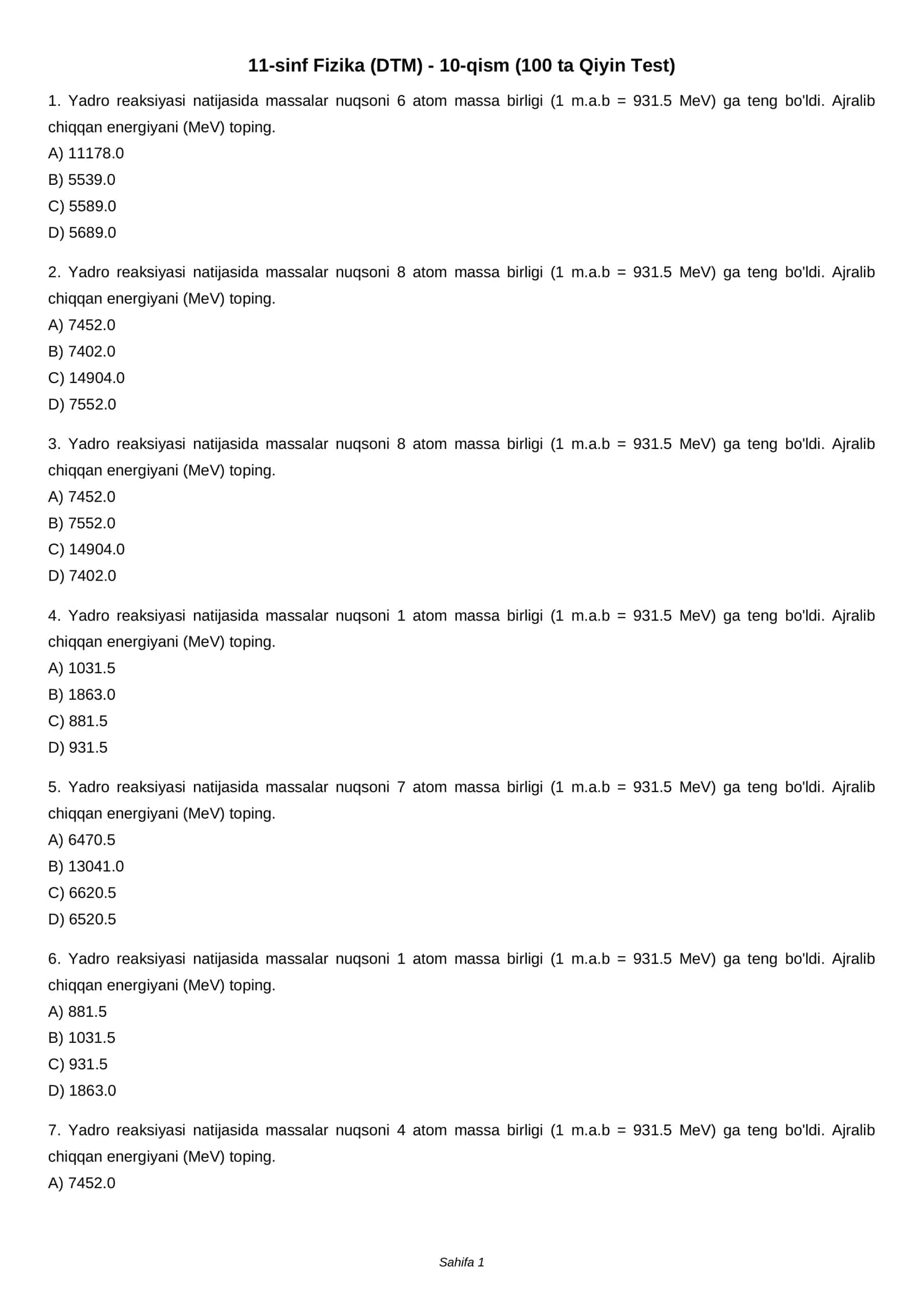 11-sinf Fizika (DTM) - 10-qism (100 ta Qiyin Test) 1