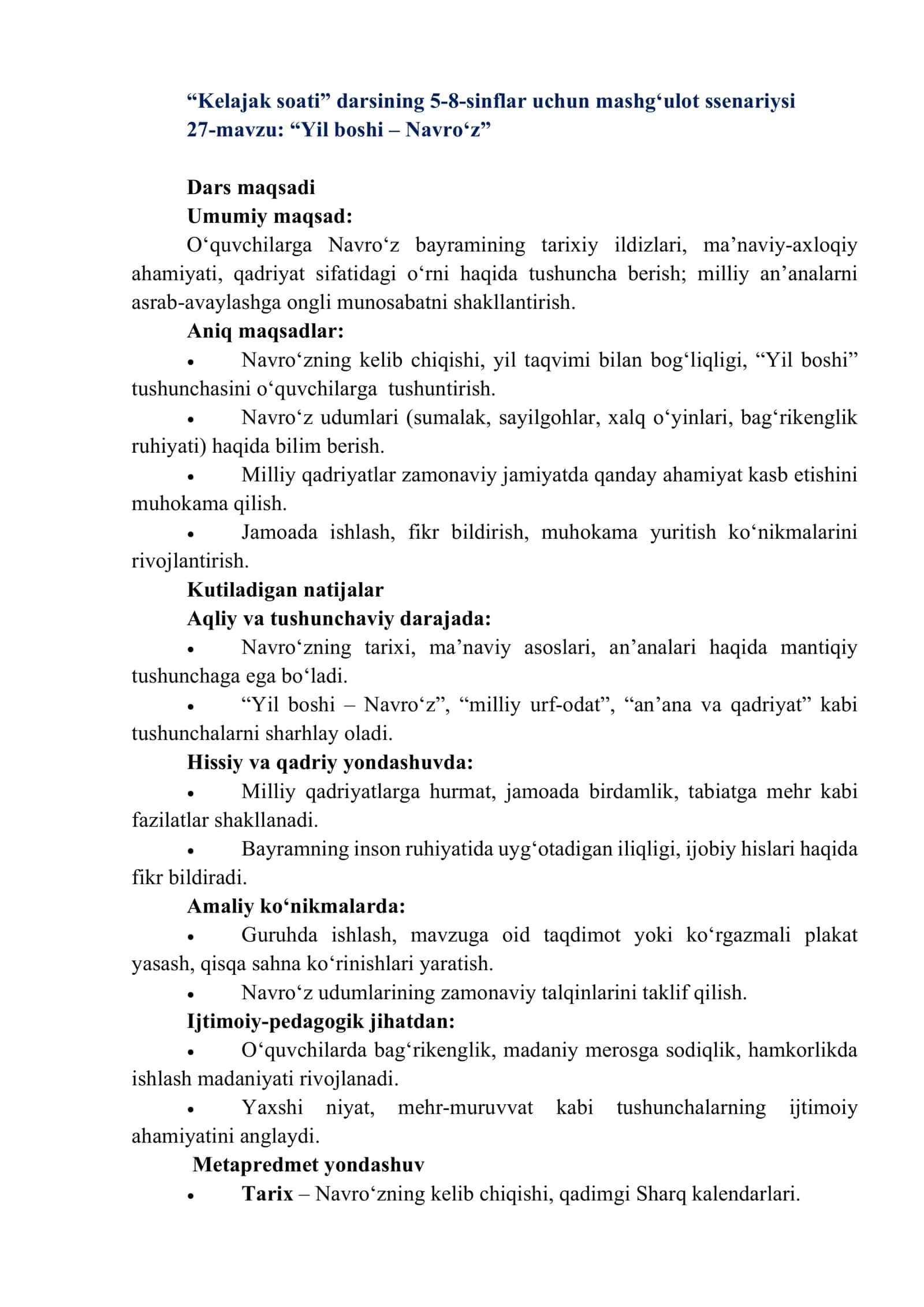 Kelajak soati” darsining 5-8-sinflar uchun mashgʻulot ssenariysi 1