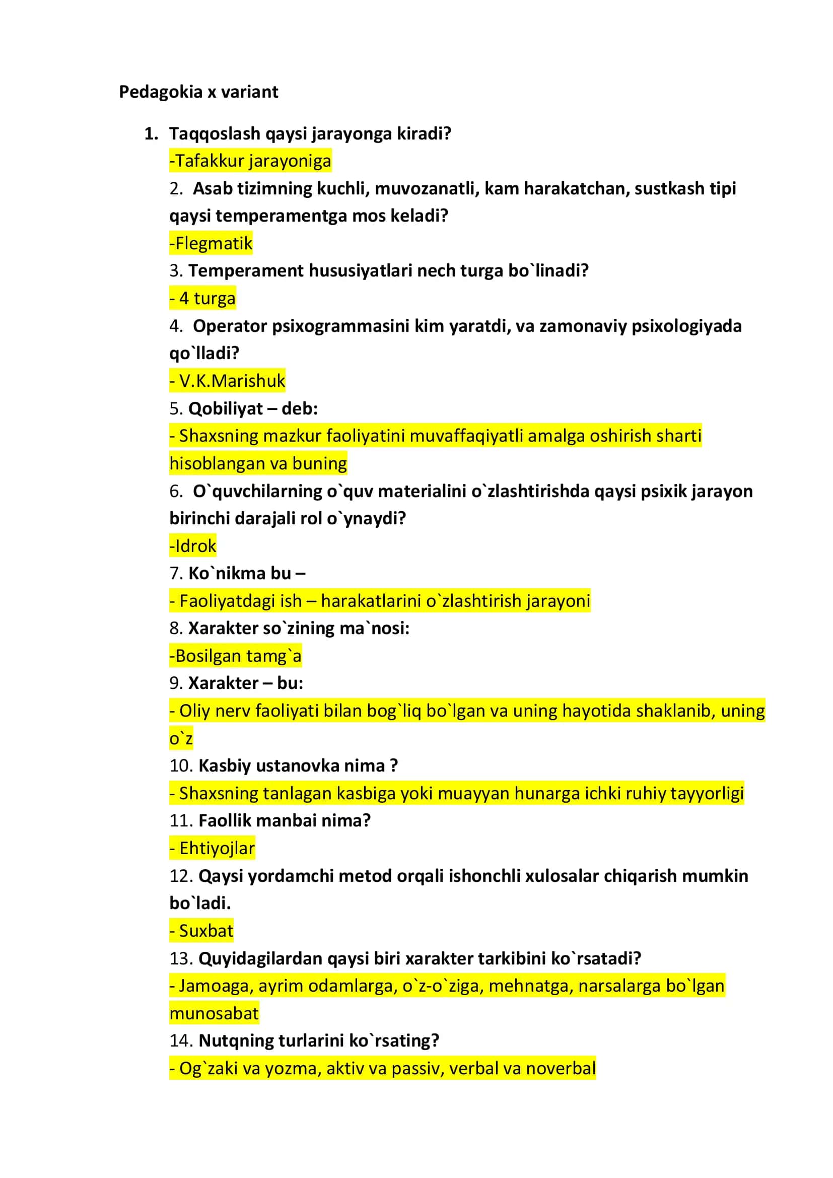 Pedagogika va psixologiya test savollari javoblari 1