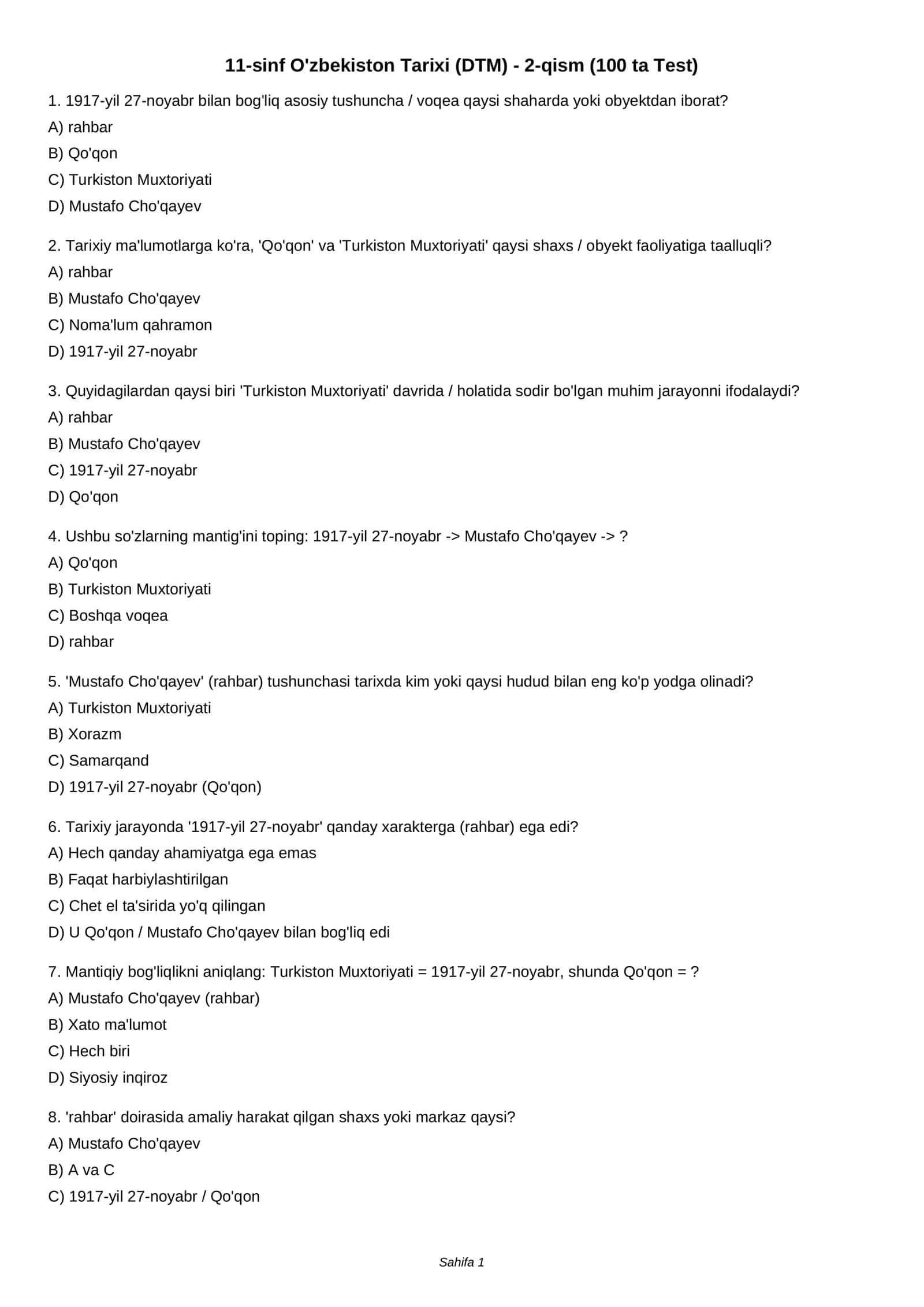 11-sinf O'zbekiston Tarixi (DTM) - 2-qism (100 ta Test) 1