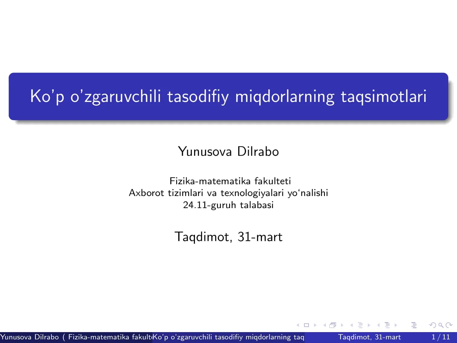 Ko’p o’zgaruvchili tasodifiy miqdorlarning taqsimotlari 1