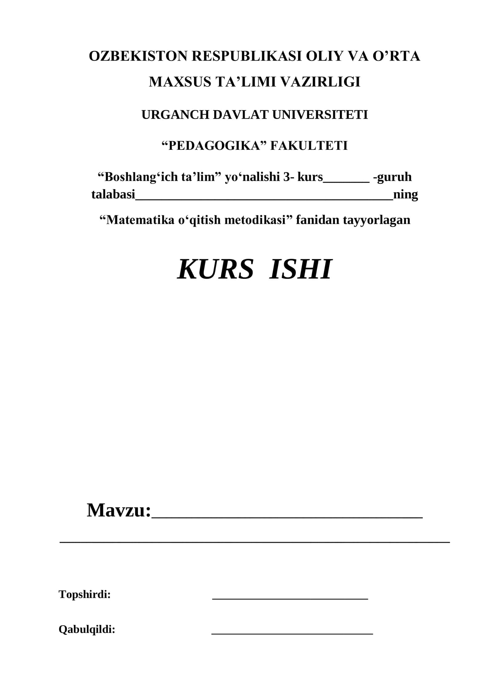 "Matematika o‘qitish metodikasi" KURS ISHI 1