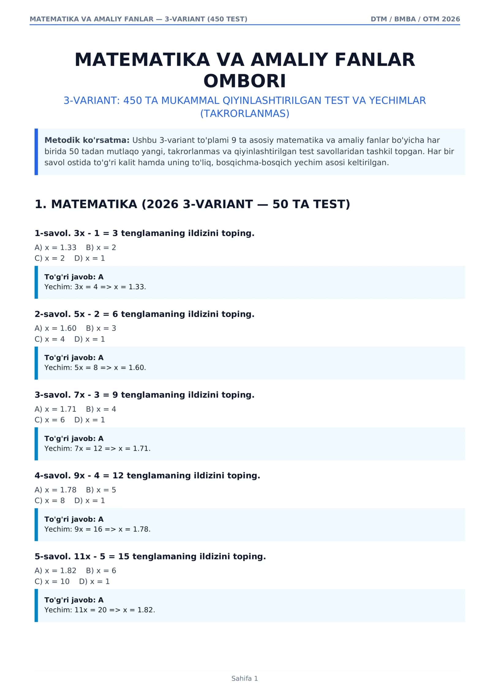 MATEMATIKA VA AMALIY FANLAR — 3-VARIANT (450 TEST) 1