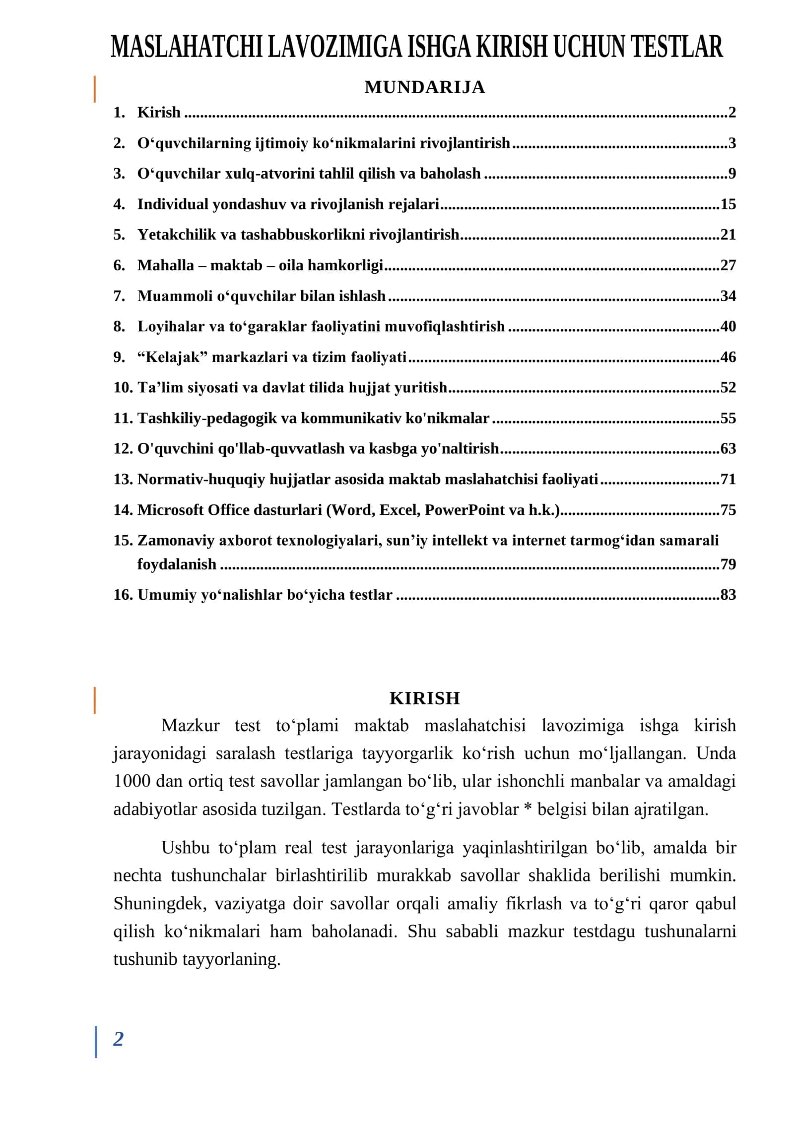 Maslahatchi lavozimiga ishga kirish uchun testlar 1
