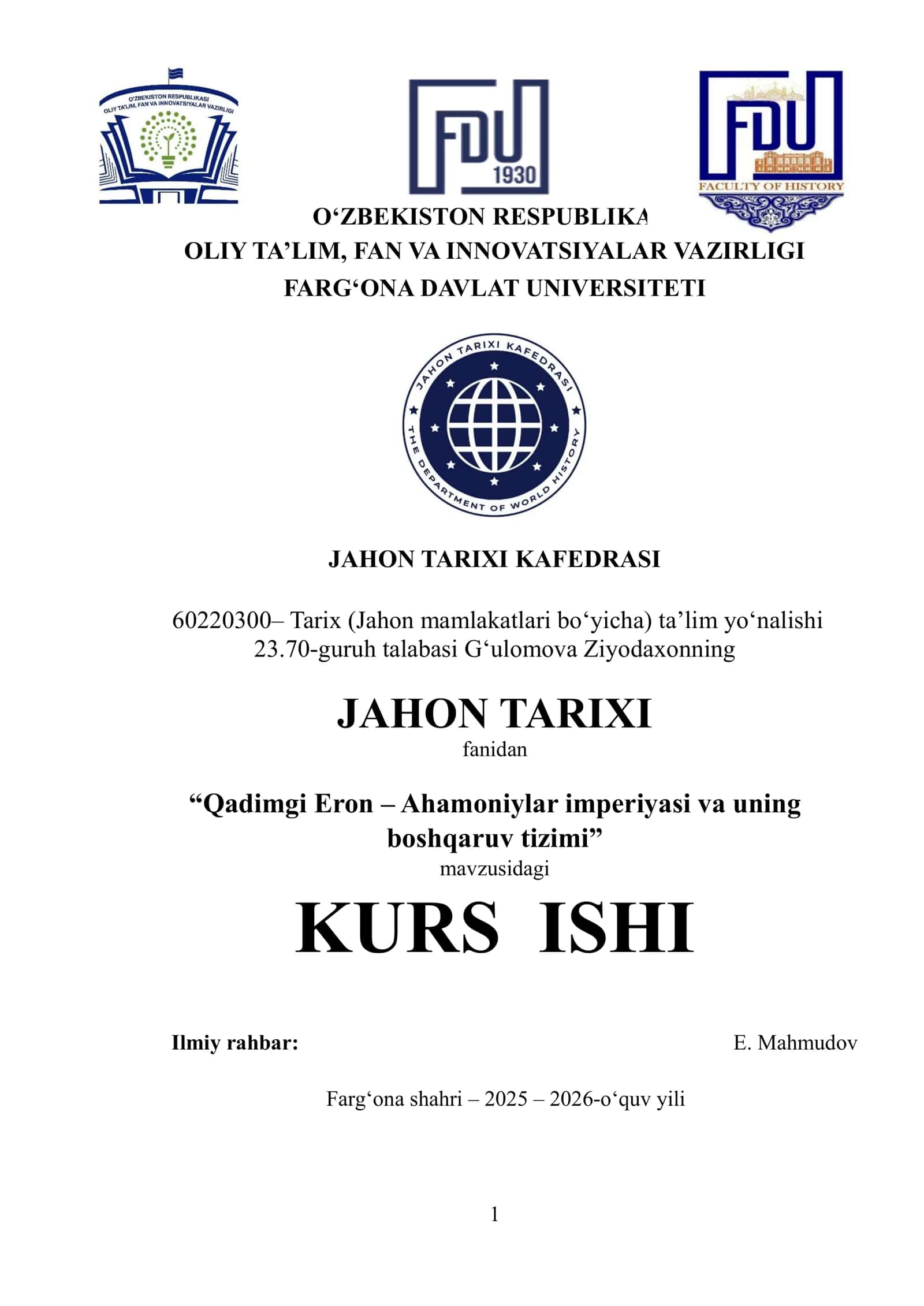 "Qadimgi Eron – Ahamoniylar imperiyasi va uning boshqaruv tizimi" kurs ishi 1
